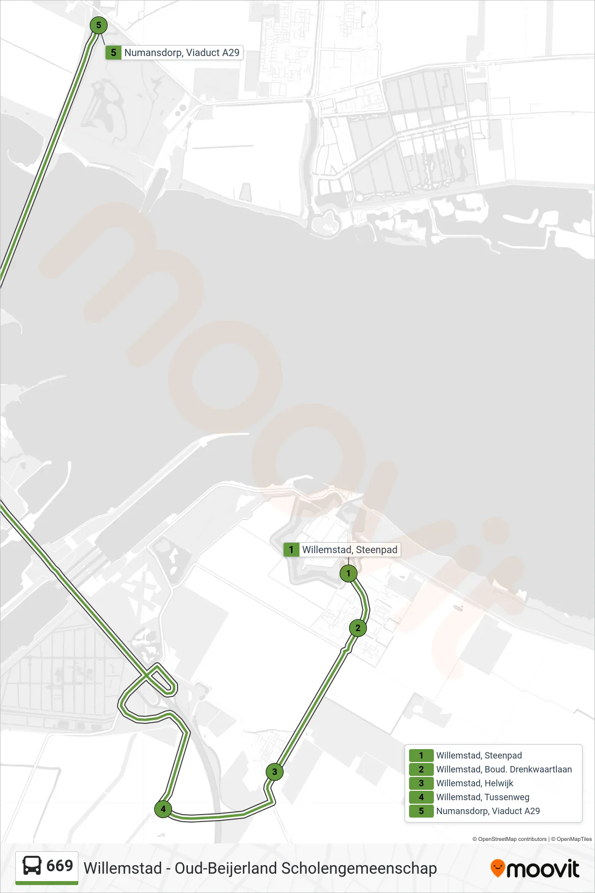 669 bus Line (Numansdorp Viaduct A29) route and stops on a map