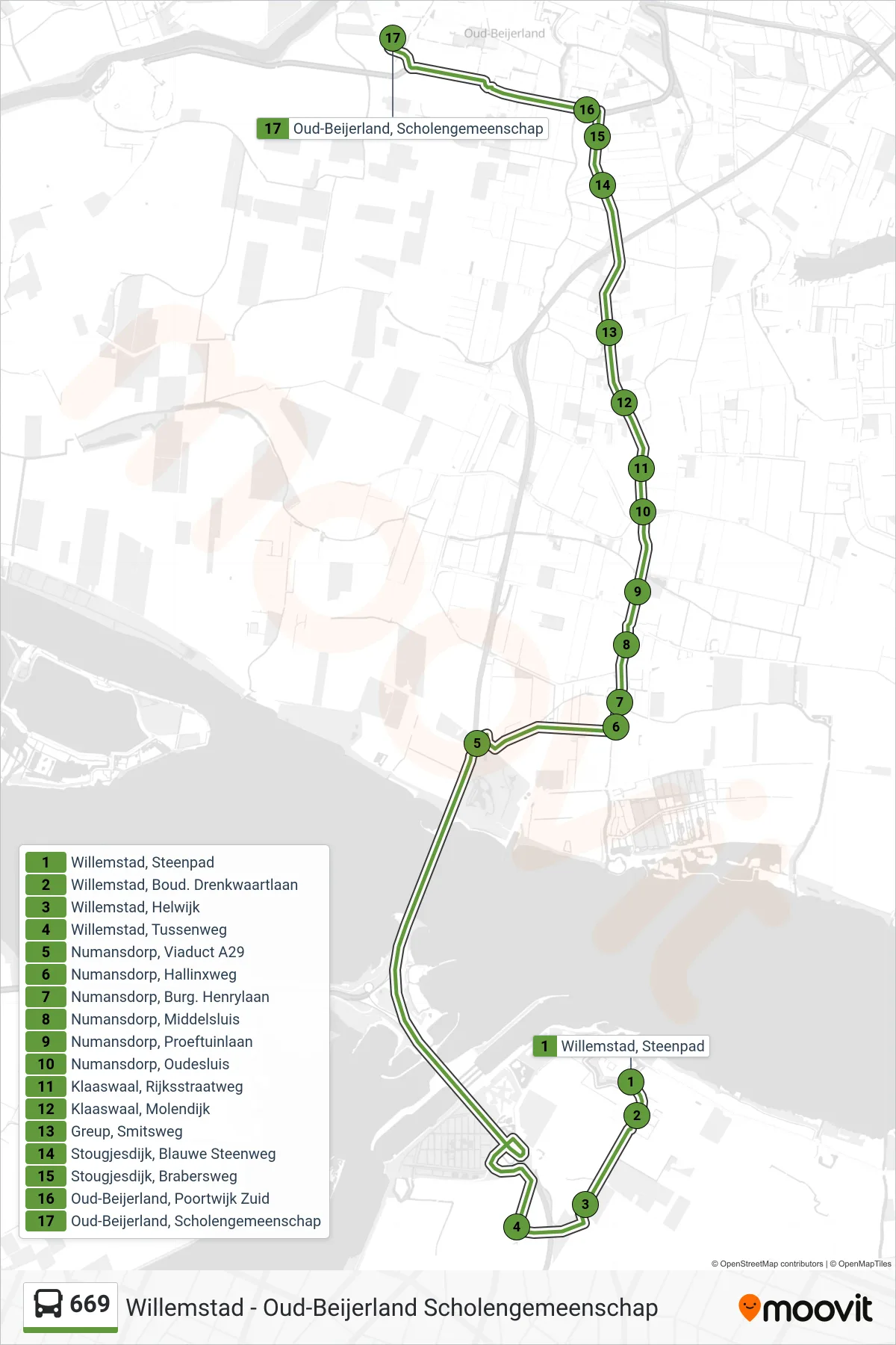 669 bus Line (Oud-Beijerland Scholengemeenschap) route and stops on a map