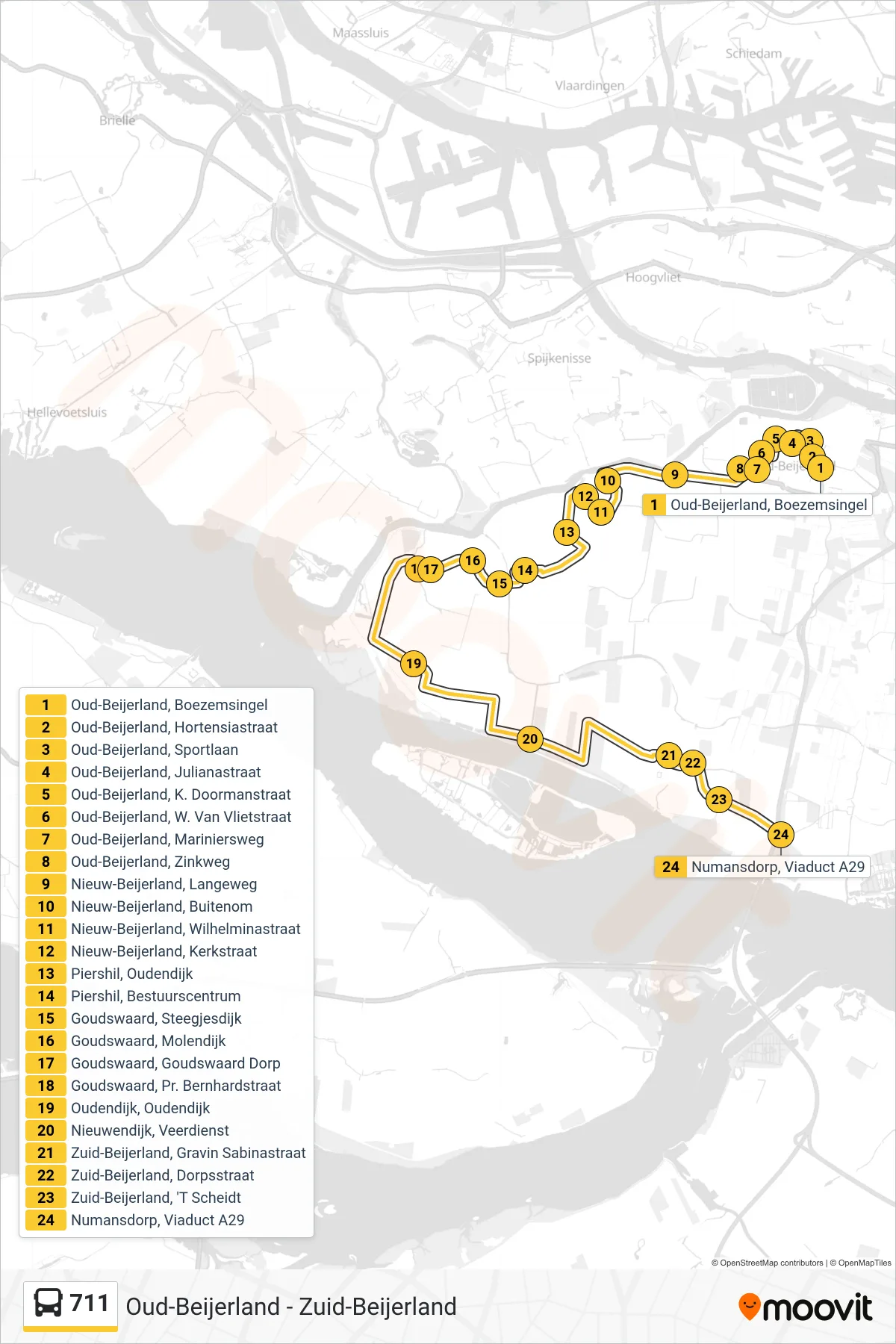 Lijn 711 (bus, Numansdorp Viaduct A29): route en haltes op de kaart