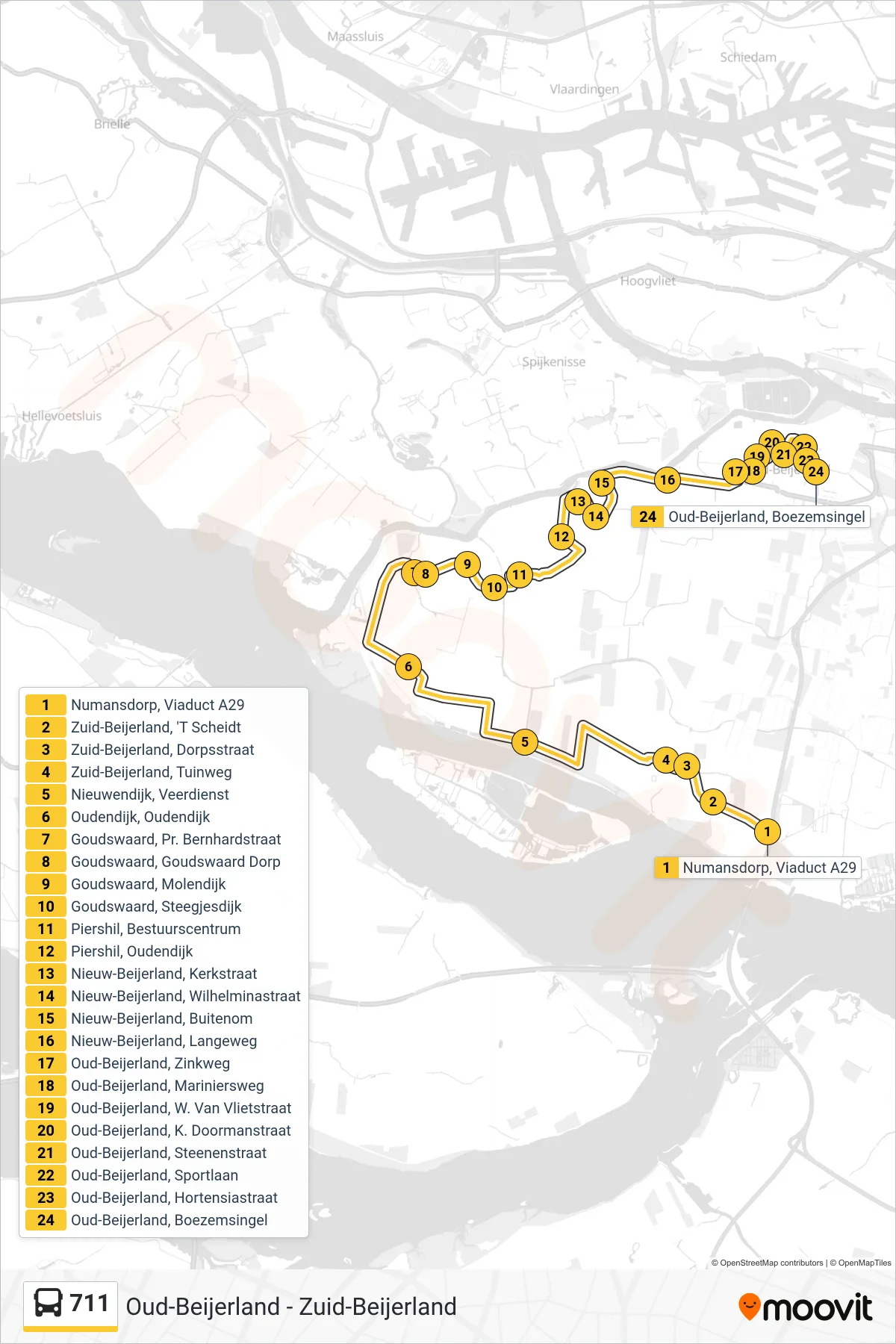 711 bus Line (Oud-Beijerland Boezemsingel) route and stops on a map