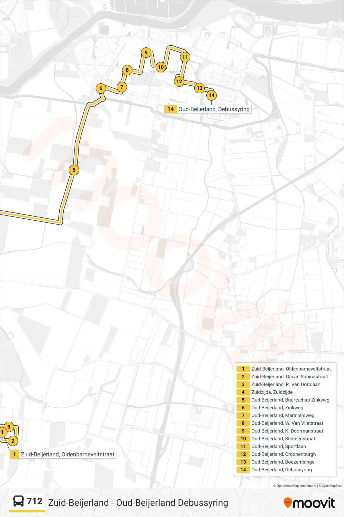 Lijn 712 (bus, Oud-Beijerland Debussyring): route en haltes op de kaart