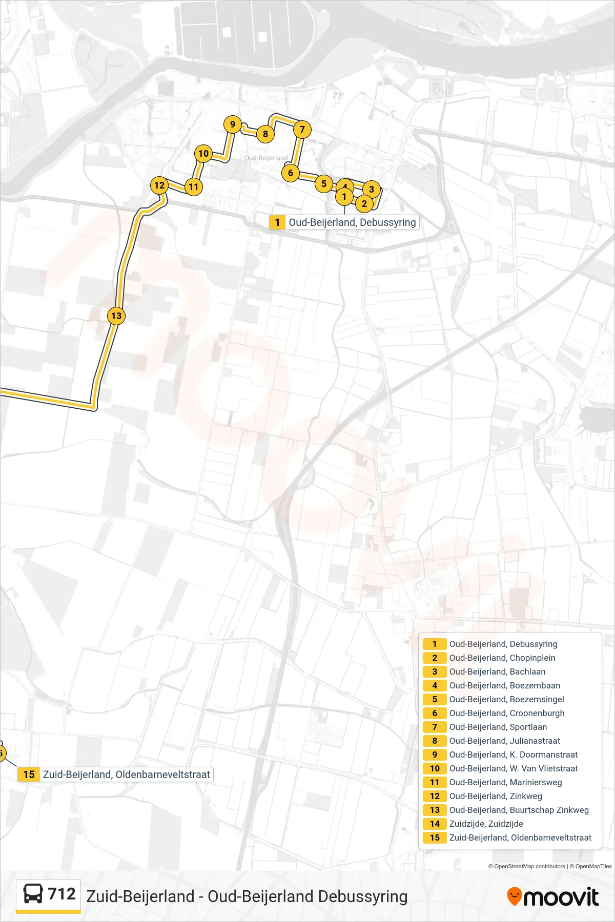 Lijn 712 (bus, Zuid-Beijerland Oldenbarneveltstraat): route en haltes op de kaart