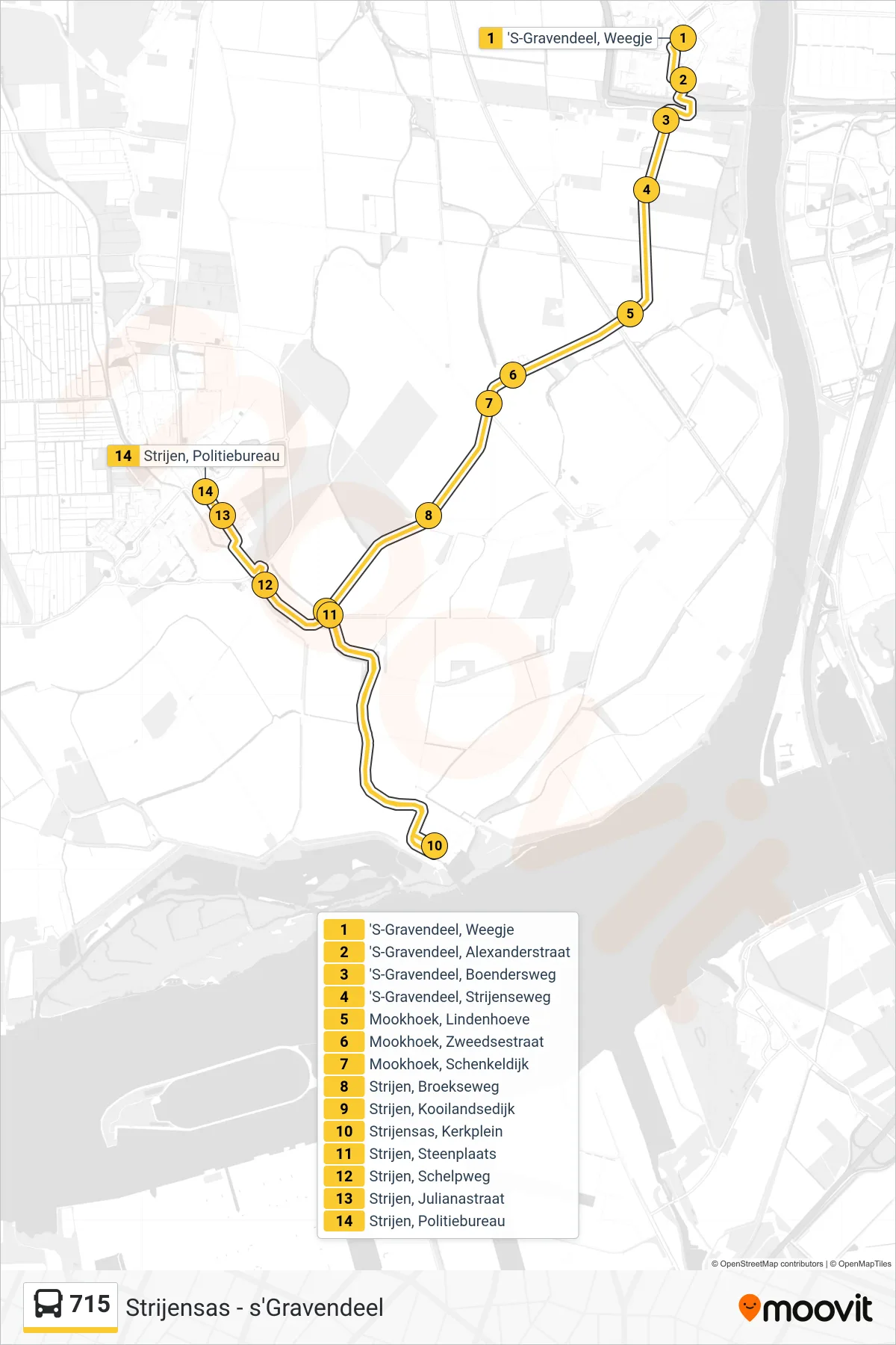 Lijn 715 (bus, Strijen Politiebureau): route en haltes op de kaart
