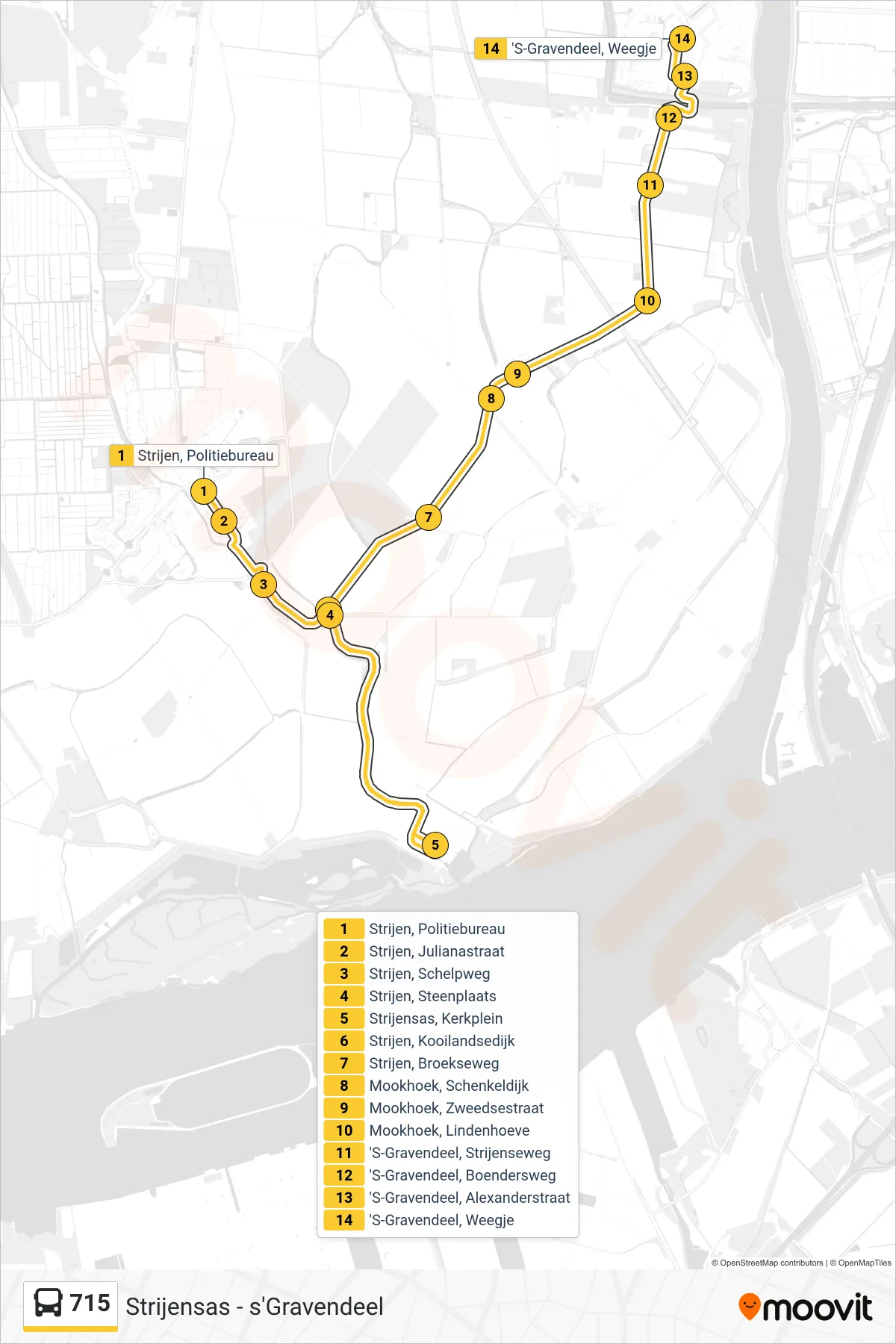 Lijn 715 (bus, 'S-Gravendeel Weegje): route en haltes op de kaart