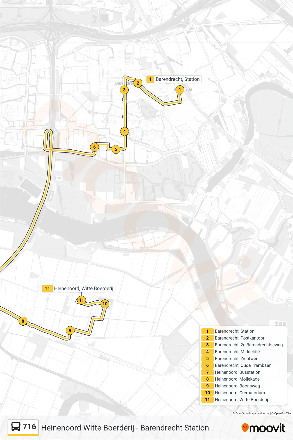 Lijn 716 (bus, Heinenoord Witte Boerderij): route en haltes op de kaart