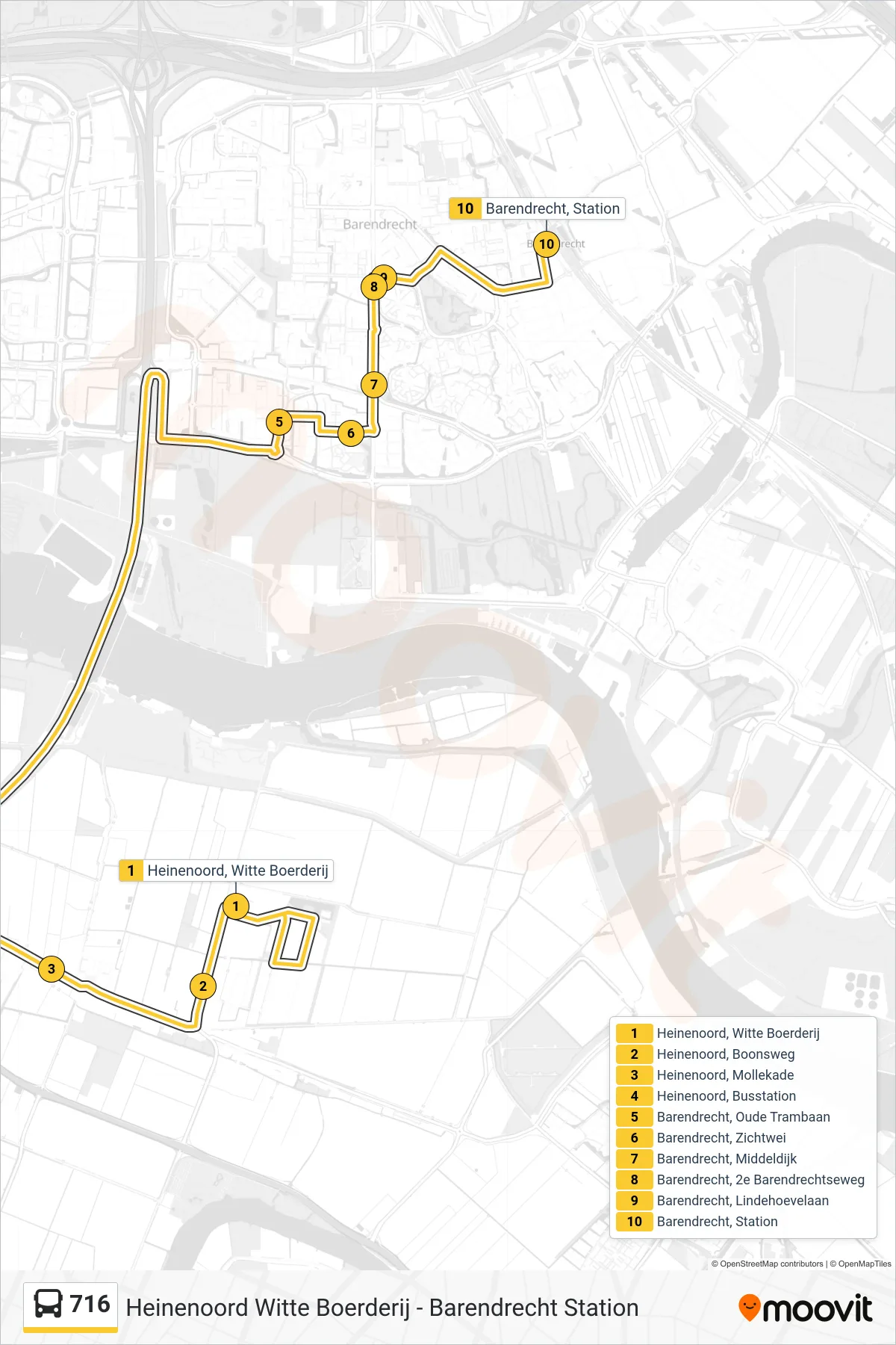 716 bus Line (Barendrecht Station) route and stops on a map