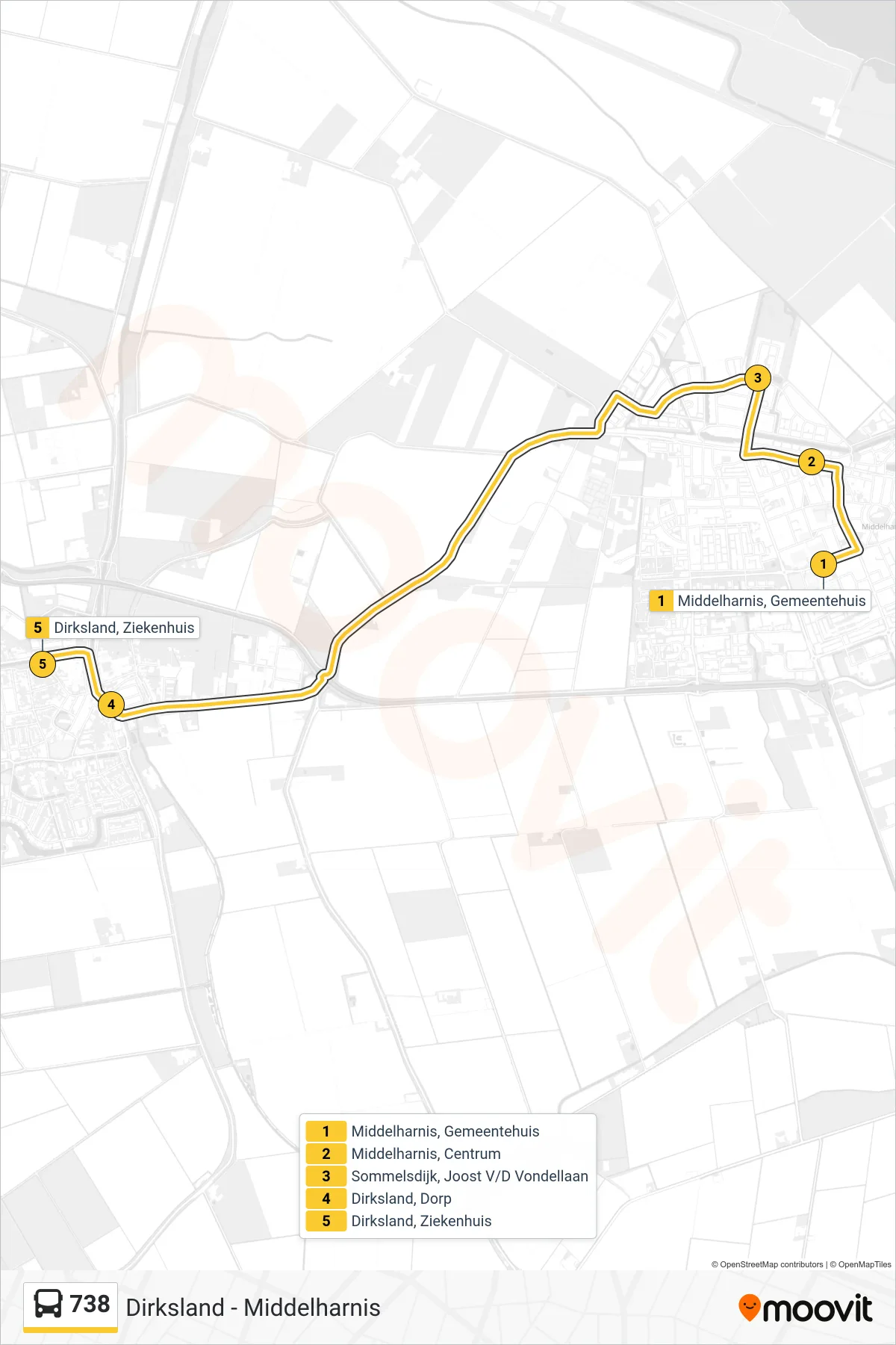 Lijn 738 (bus, Dirksland): route en haltes op de kaart