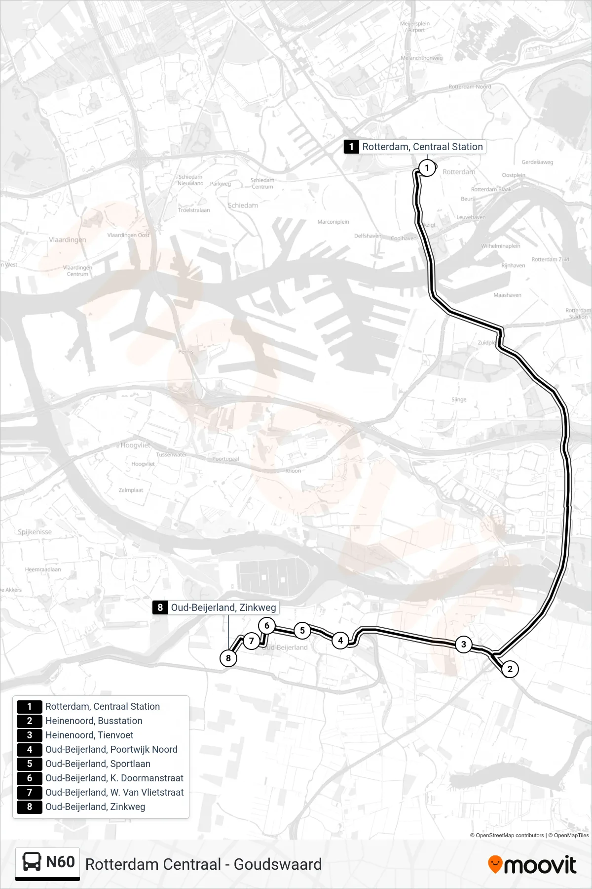 N60 bus Line (Oud-Beijerland Zinkweg) route and stops on a map