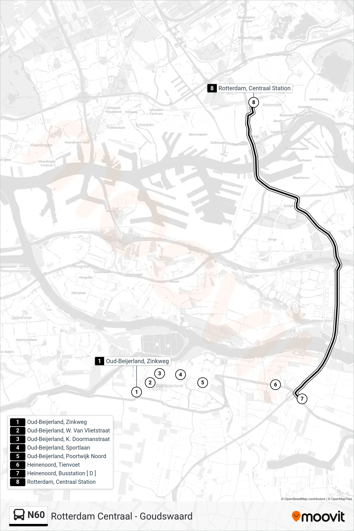 Lijn N60 (bus, Rotterdam Centraal Station): route en haltes op de kaart