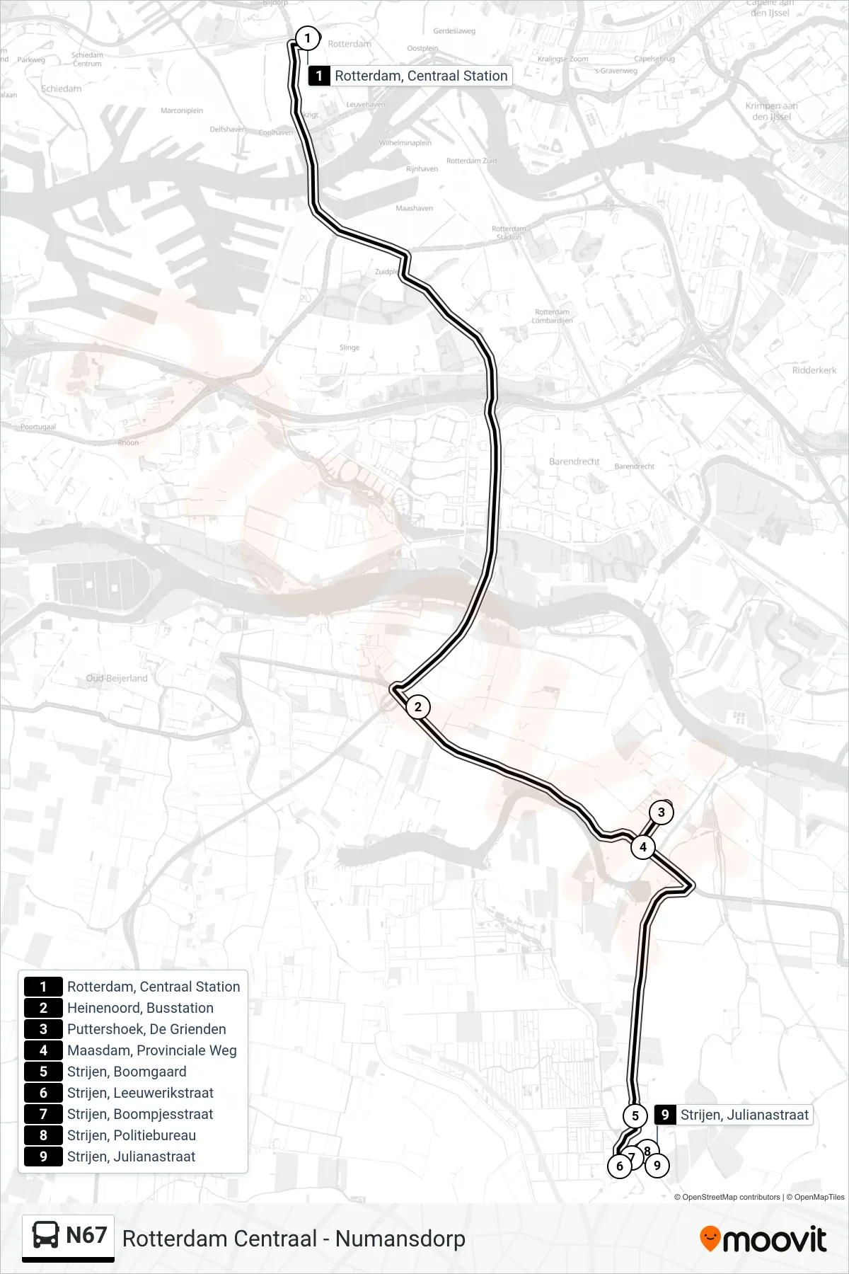 Lijn N67 (bus, Strijen Julianastraat): route en haltes op de kaart
