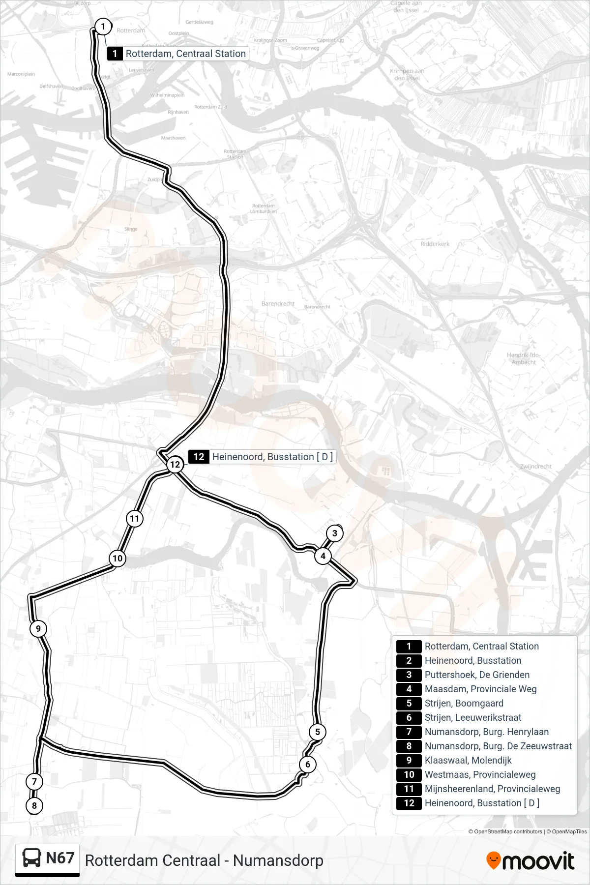 N67 bus Line (Heinenoord Busstation) route and stops on a map