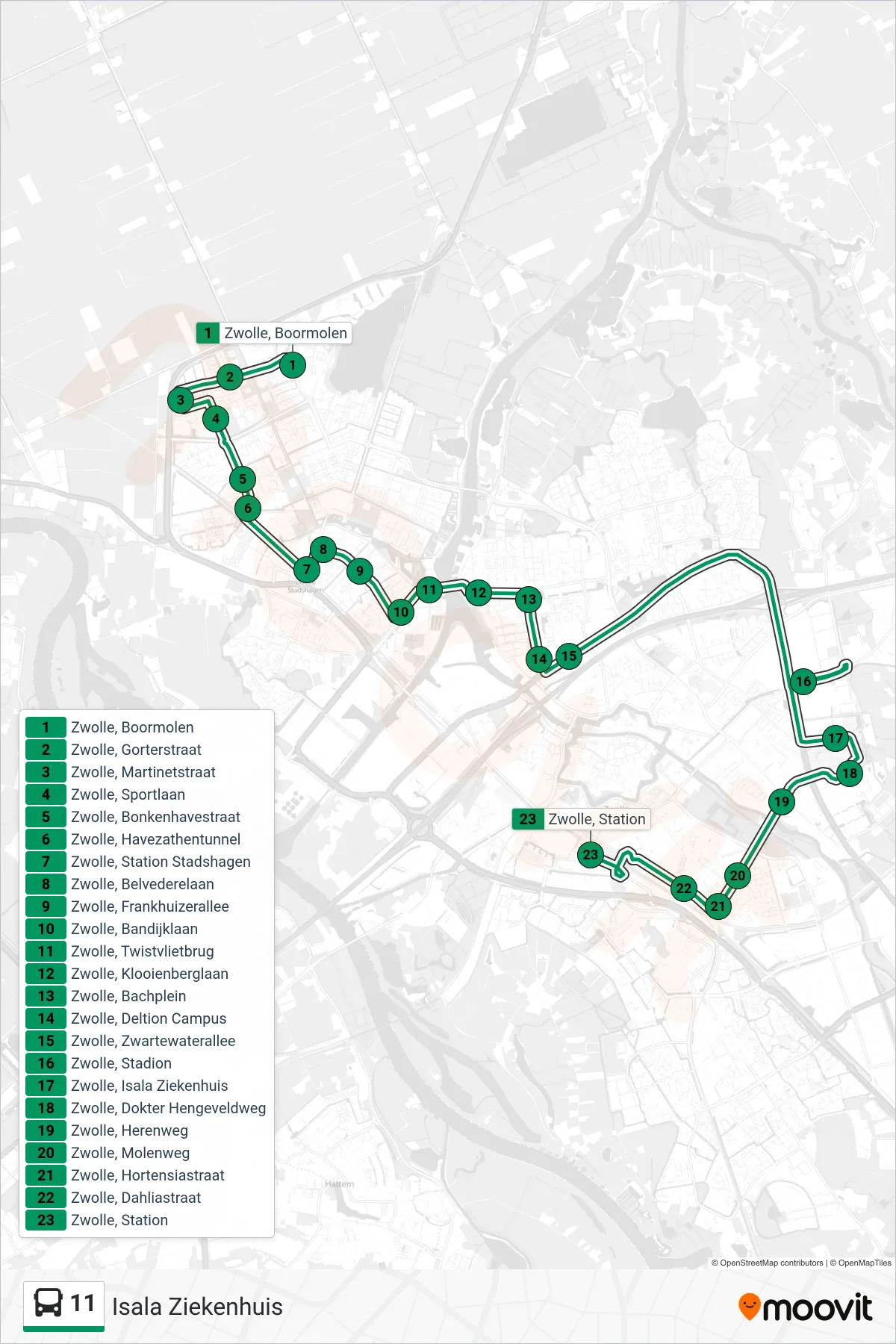 Lijn 11 (bus, Isala Ziekenhuis): route en haltes op de kaart
