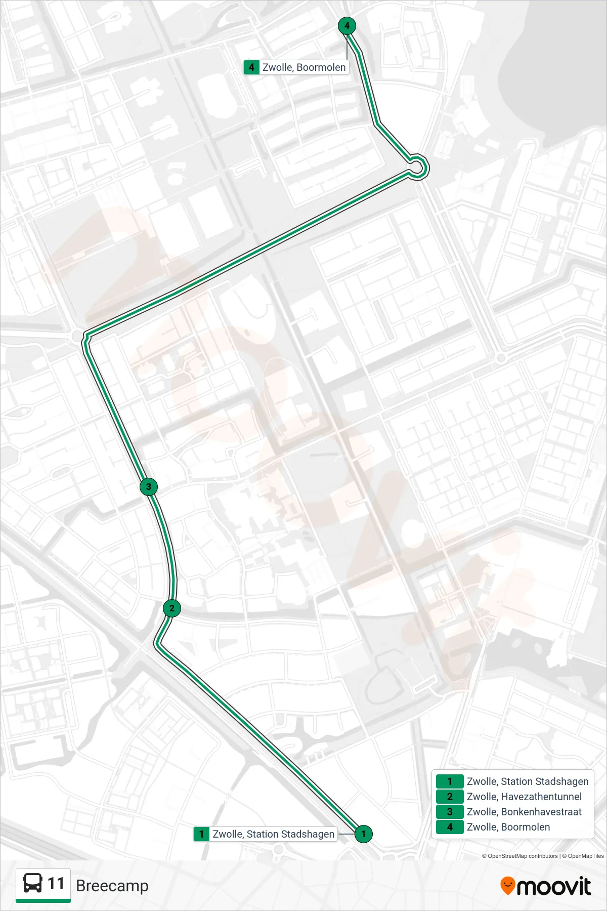 Lijn 11 (bus, Breecamp): route en haltes op de kaart