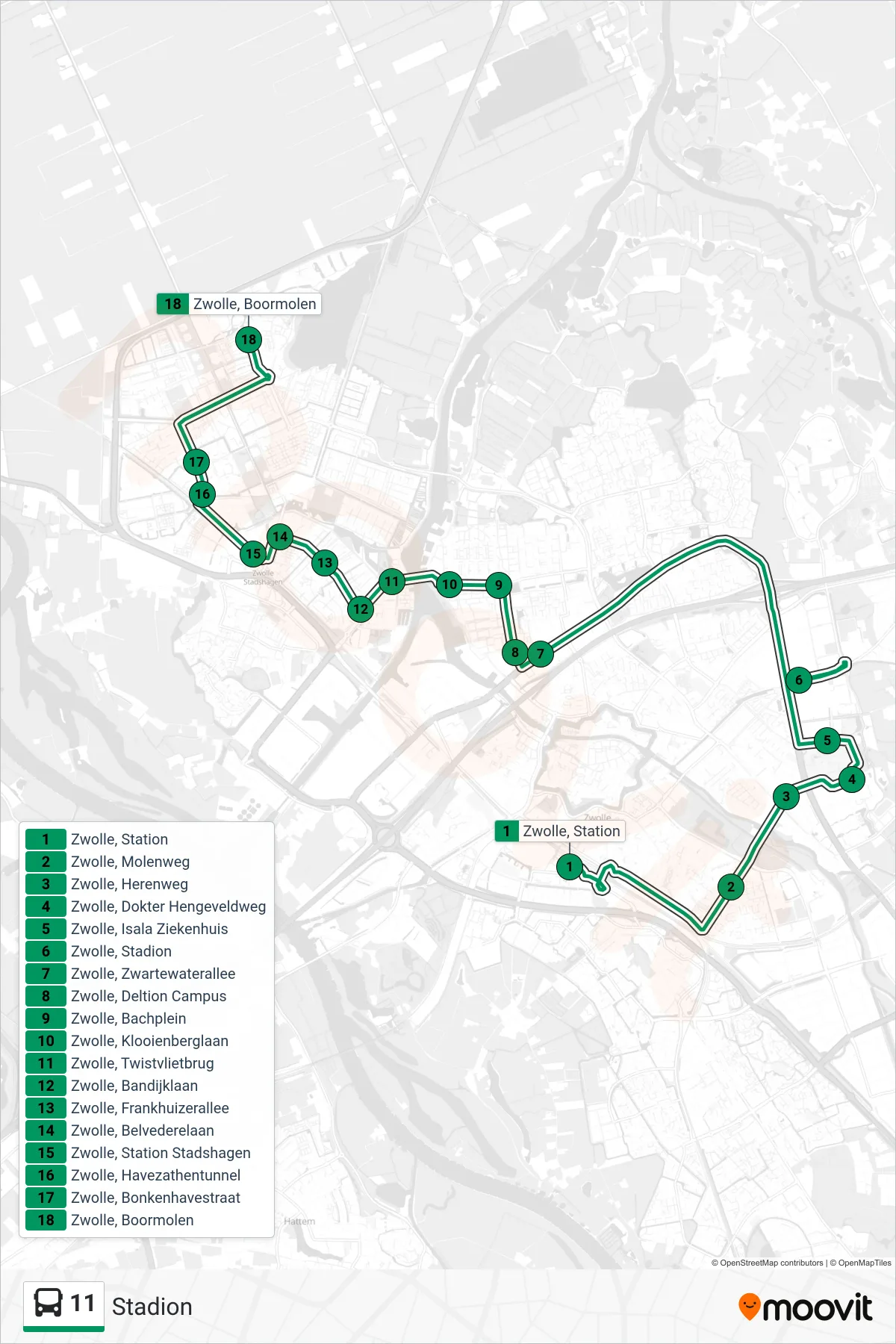 Lijn 11 (bus, Stadion): route en haltes op de kaart