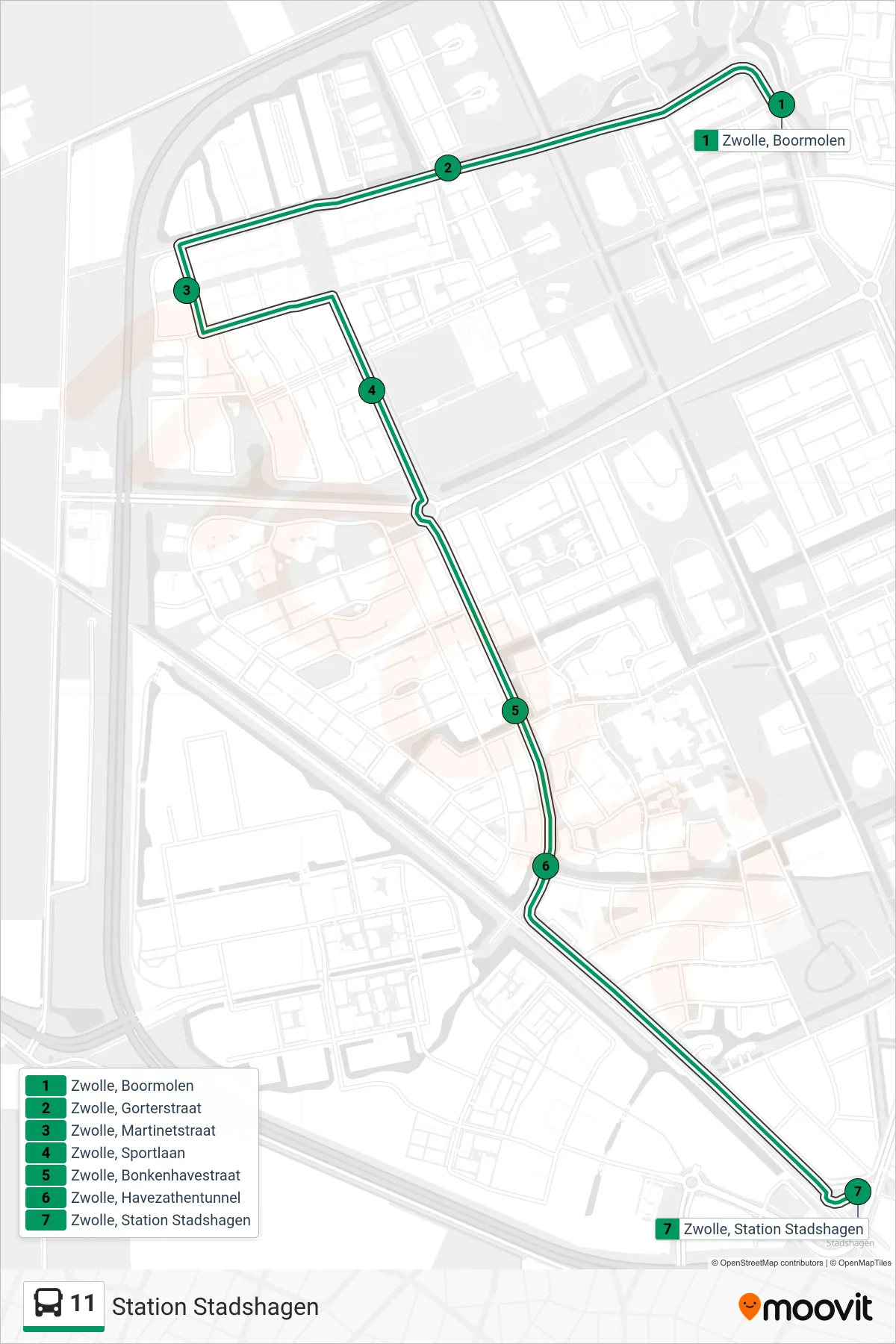 Lijn 11 (bus, Station Stadshagen): route en haltes op de kaart