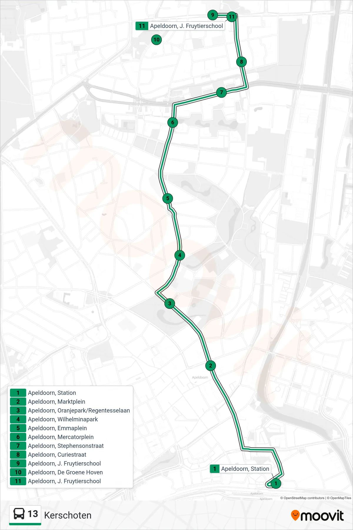 Lijn 13 (bus, Kerschoten): route en haltes op de kaart