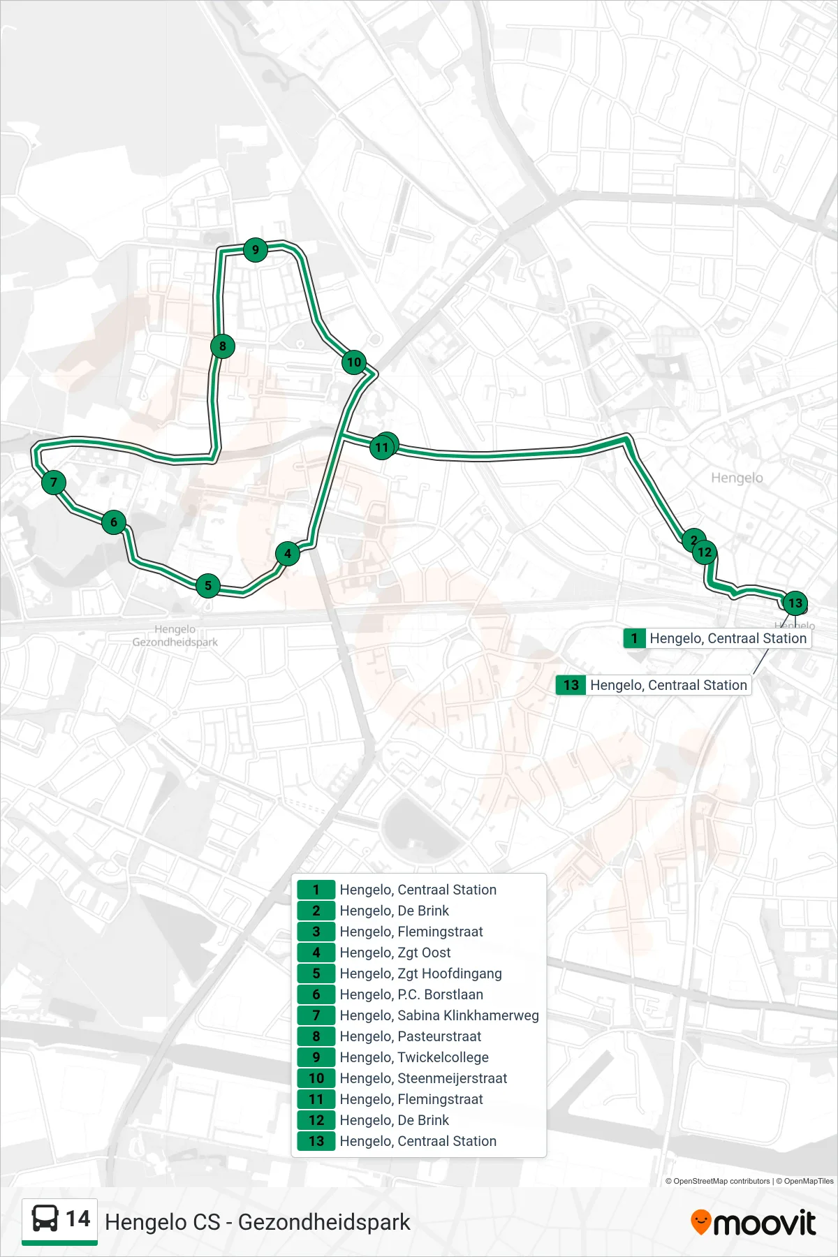 Lijn 14 (bus, Gezondheidspark): route en haltes op de kaart
