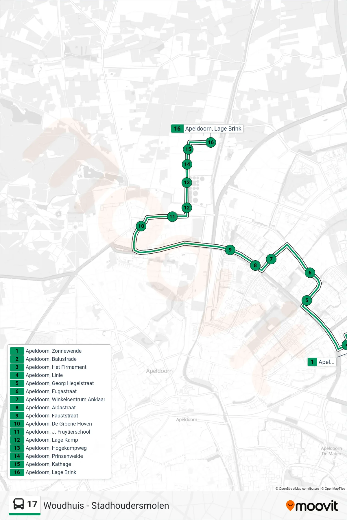 Lijn 17 (bus, Stadhoudersmolen): route en haltes op de kaart