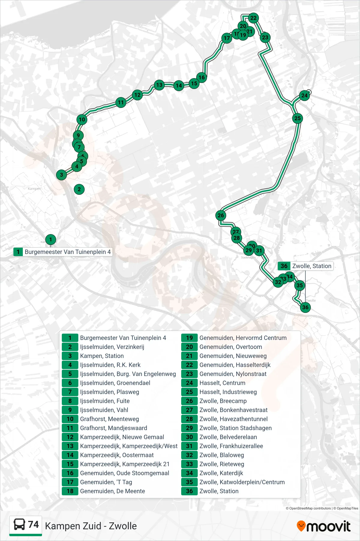 74 bus Line (Hasselt) route and stops on a map