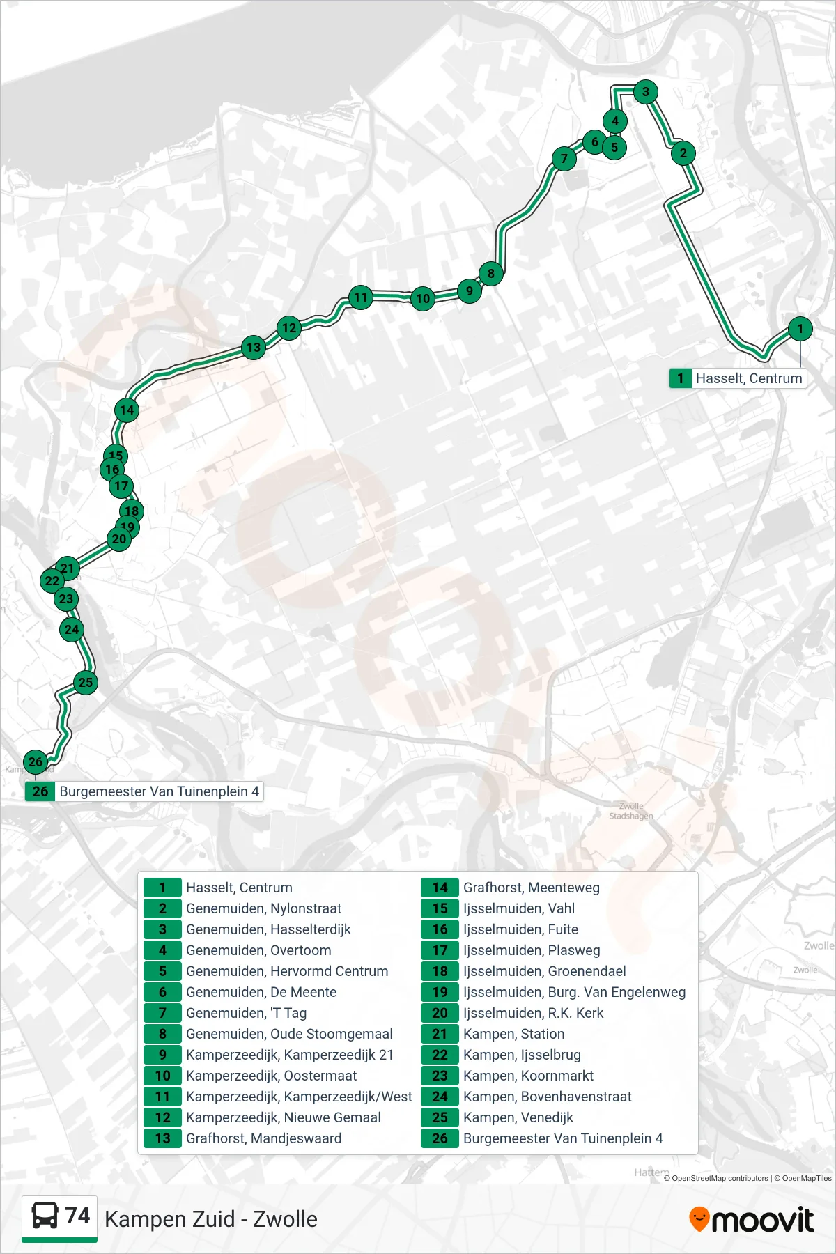 Lijn 74 (bus, Kampen Zuid): route en haltes op de kaart