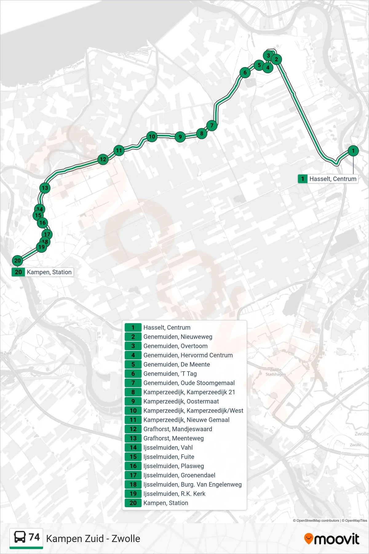 Lijn 74 (bus, Kampen): route en haltes op de kaart