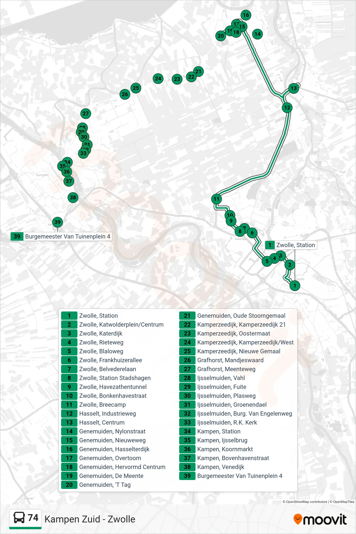 74 bus Line (Genemuiden) route and stops on a map