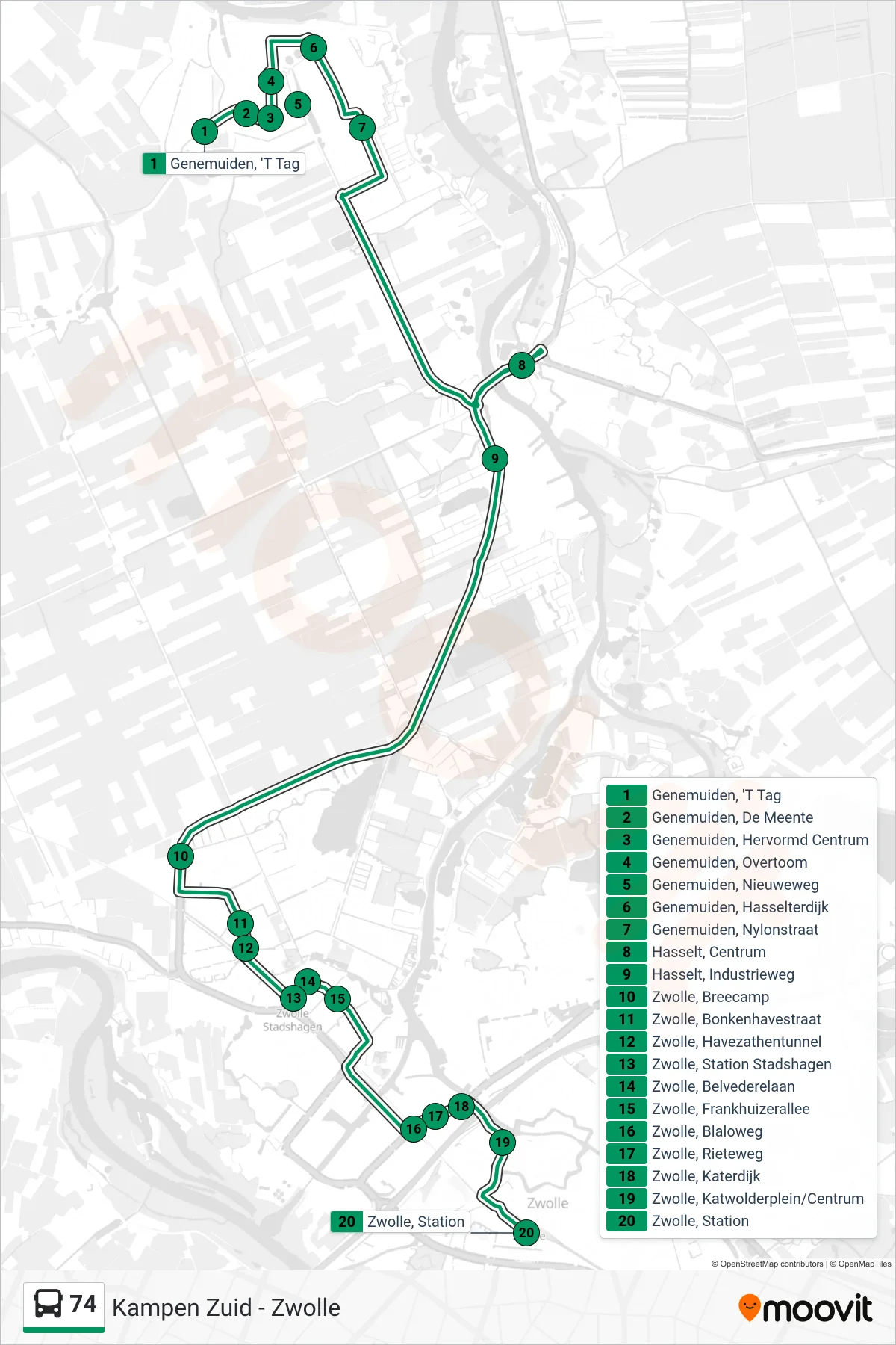 74 bus Line (Zwolle) route and stops on a map