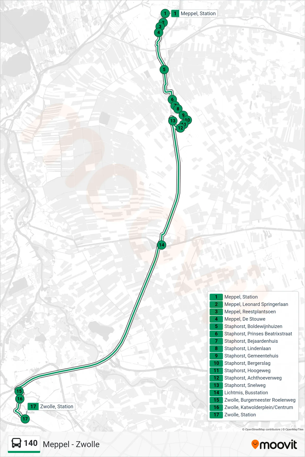 140 bus Line (Zwolle) route and stops on a map
