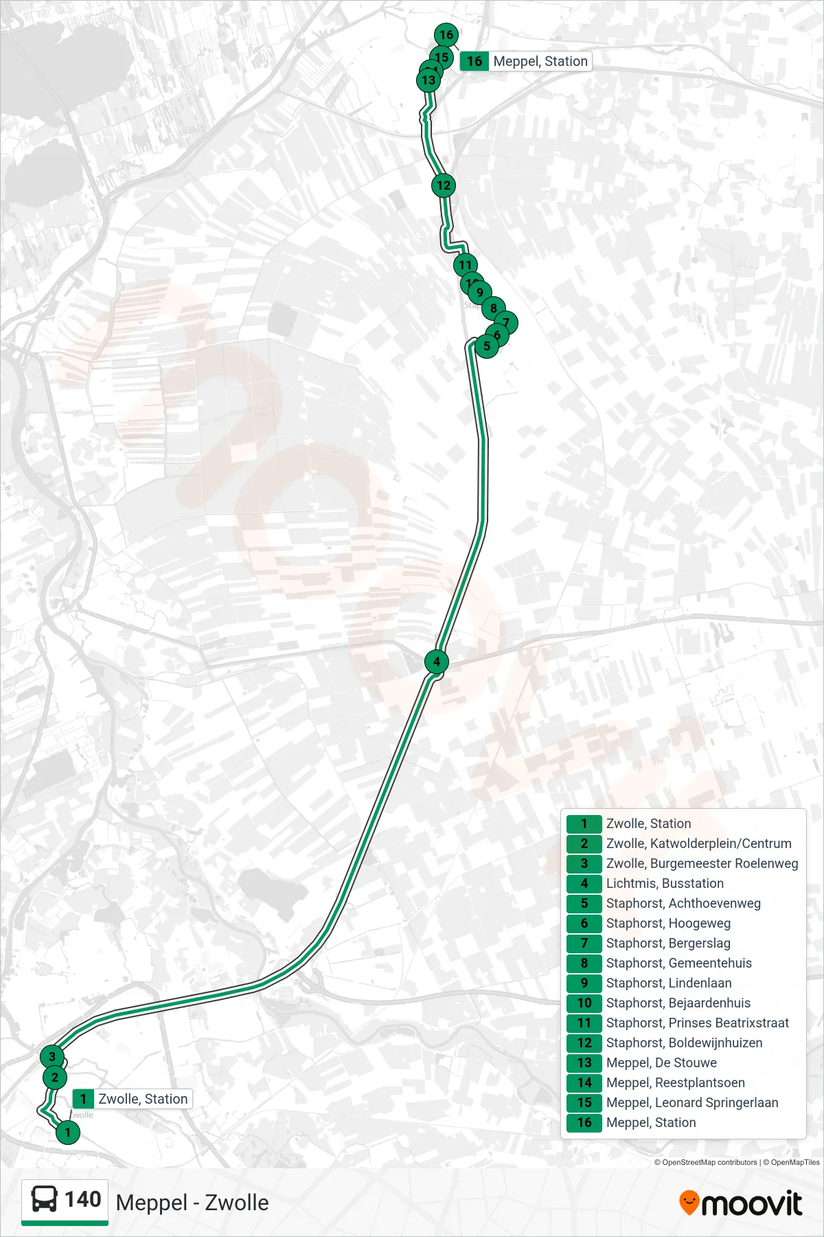 Lijn 140 (bus, Meppel): route en haltes op de kaart