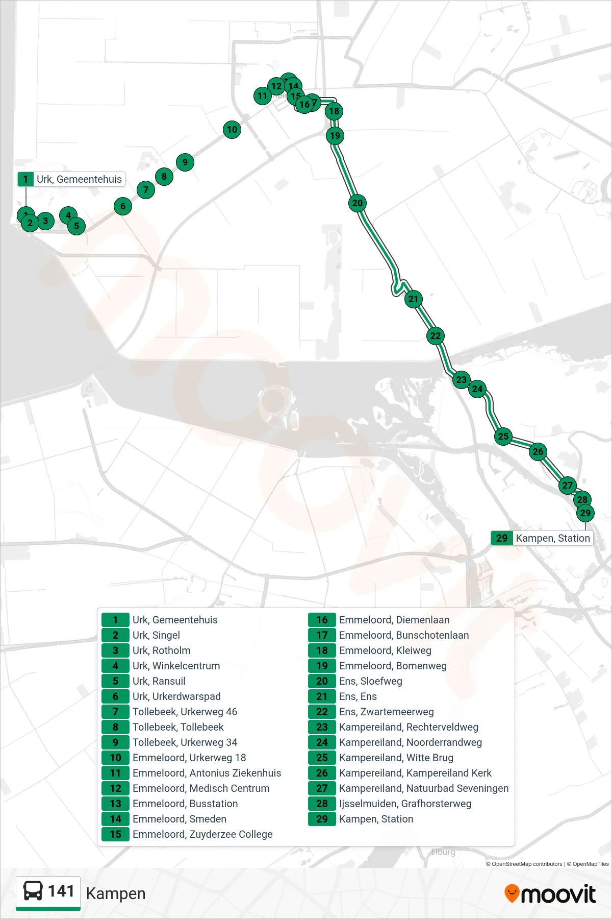 Lijn 141 (bus, Kampen): route en haltes op de kaart