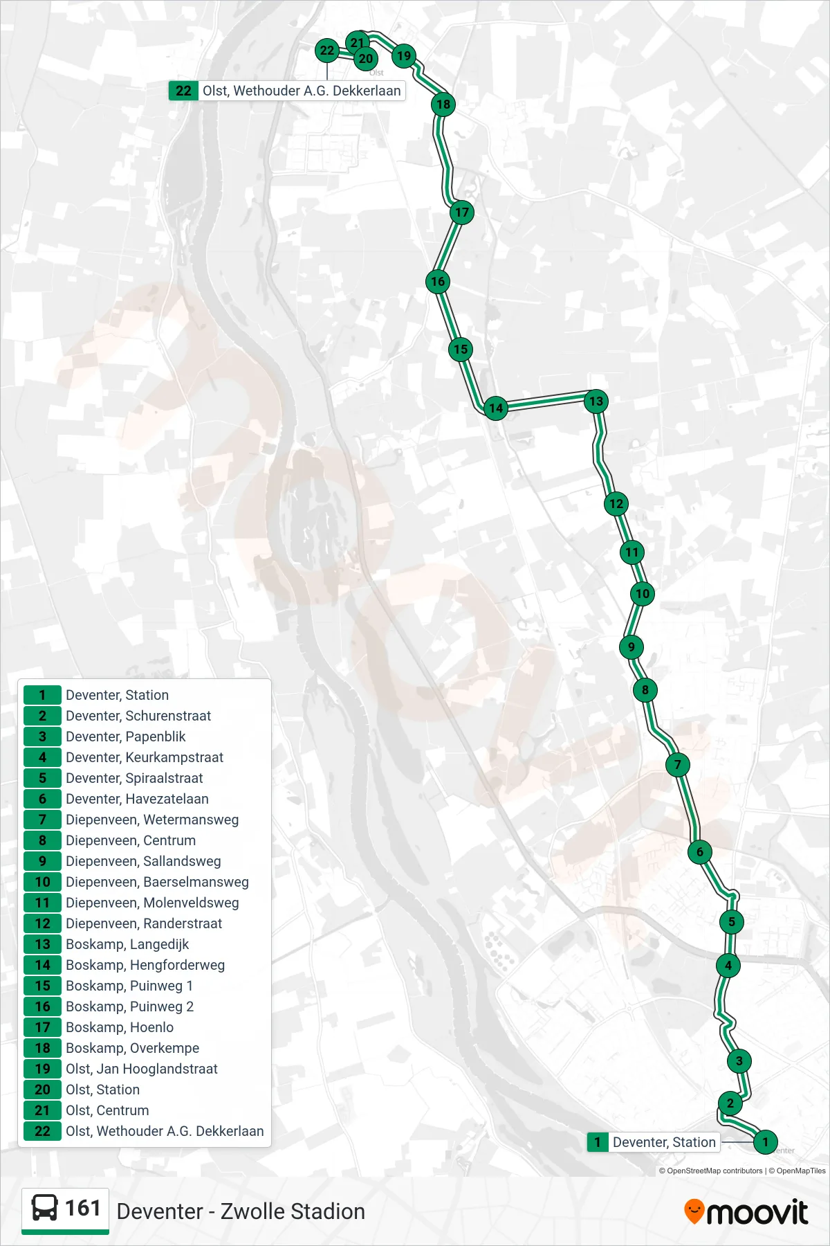 Lijn 161 (bus, Olst): route en haltes op de kaart
