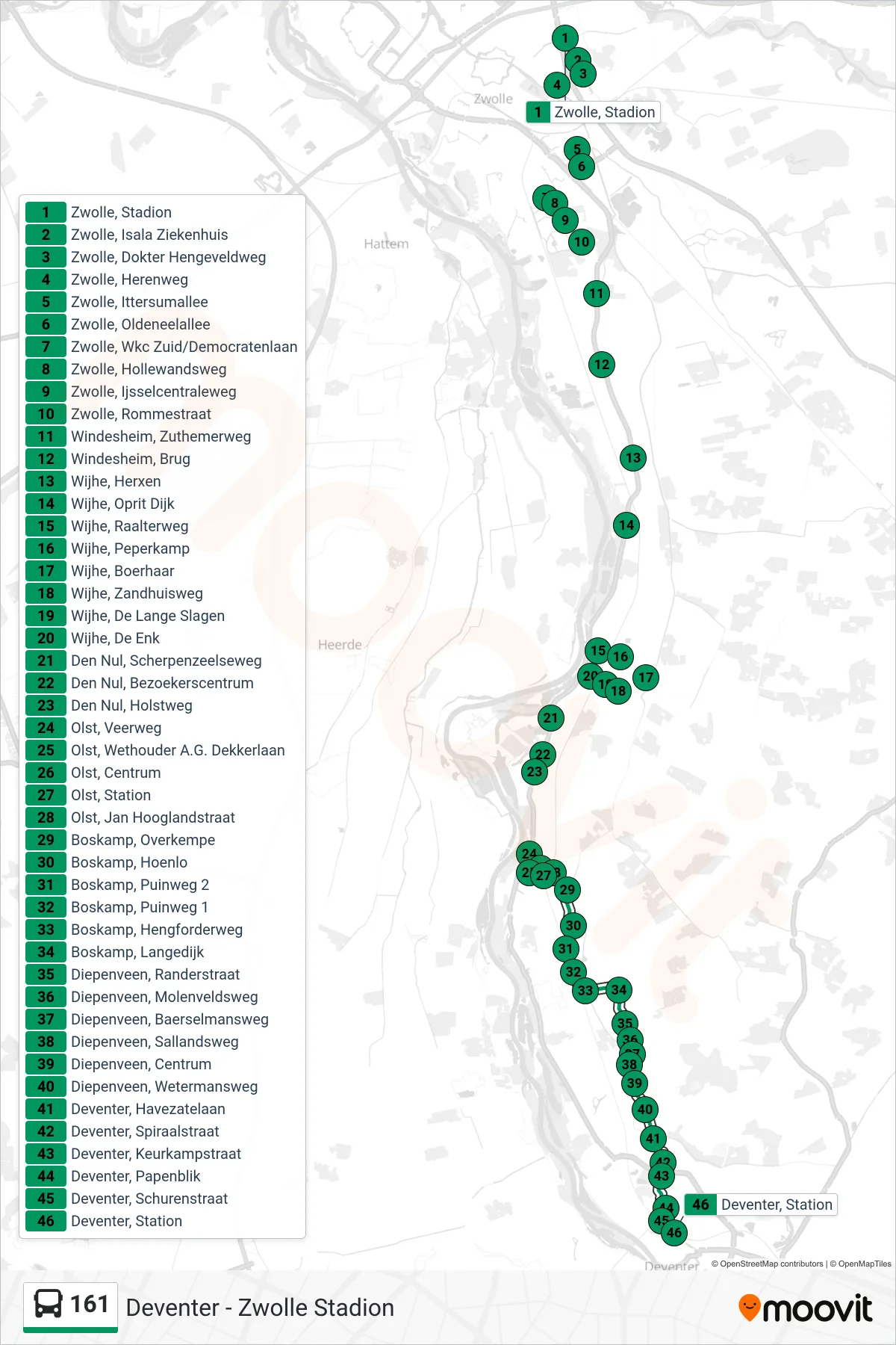 161 bus Line (Deventer) route and stops on a map