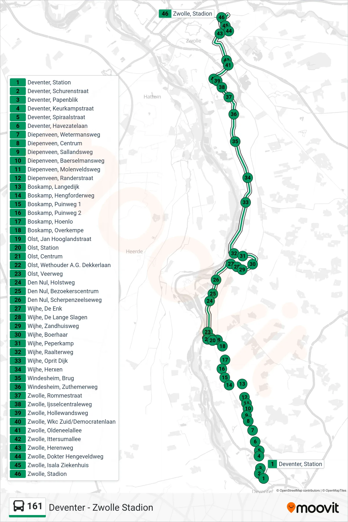 Lijn 161 (bus, Zwolle Oosterenk): route en haltes op de kaart