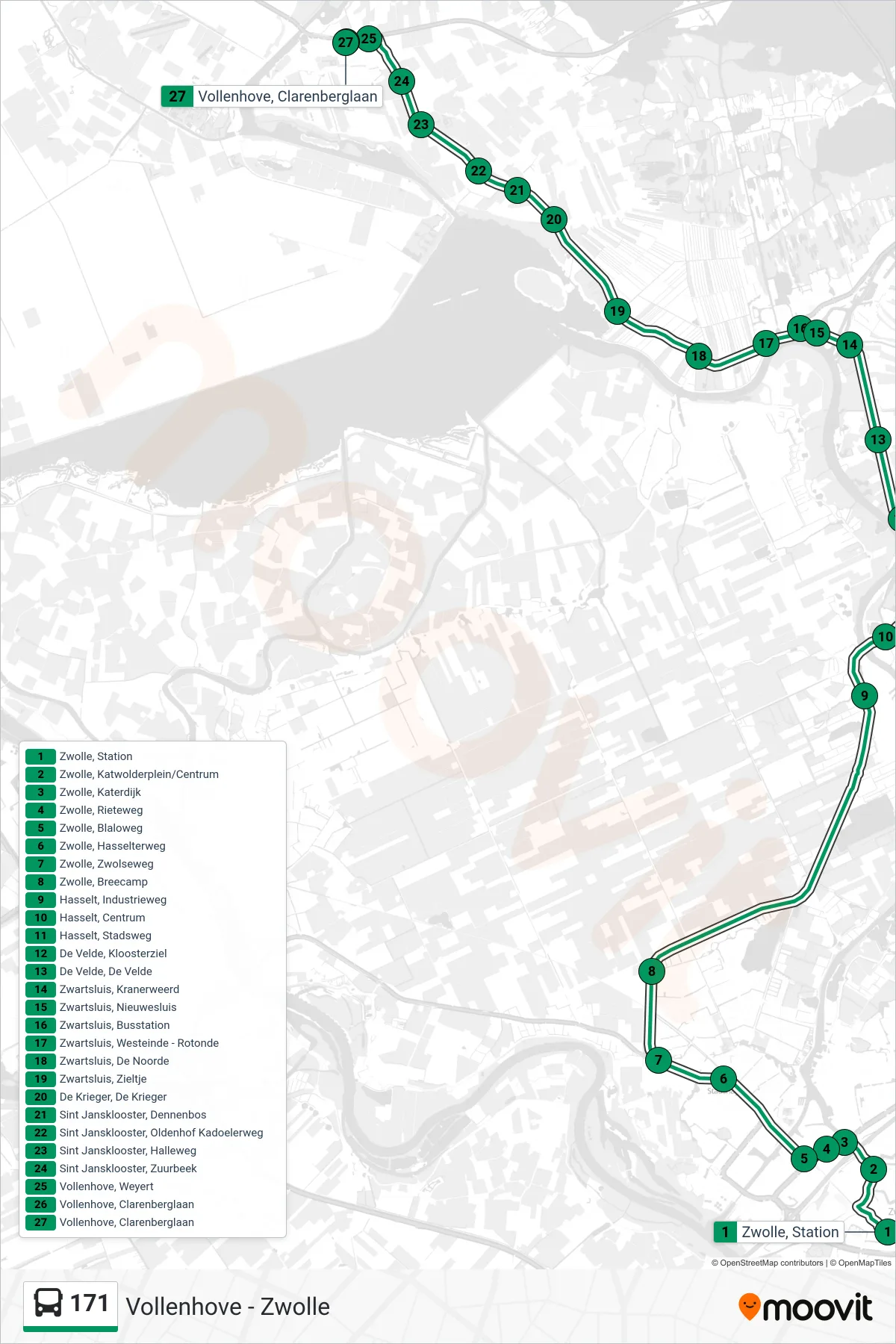 Lijn 171 (bus, Vollenhove): route en haltes op de kaart