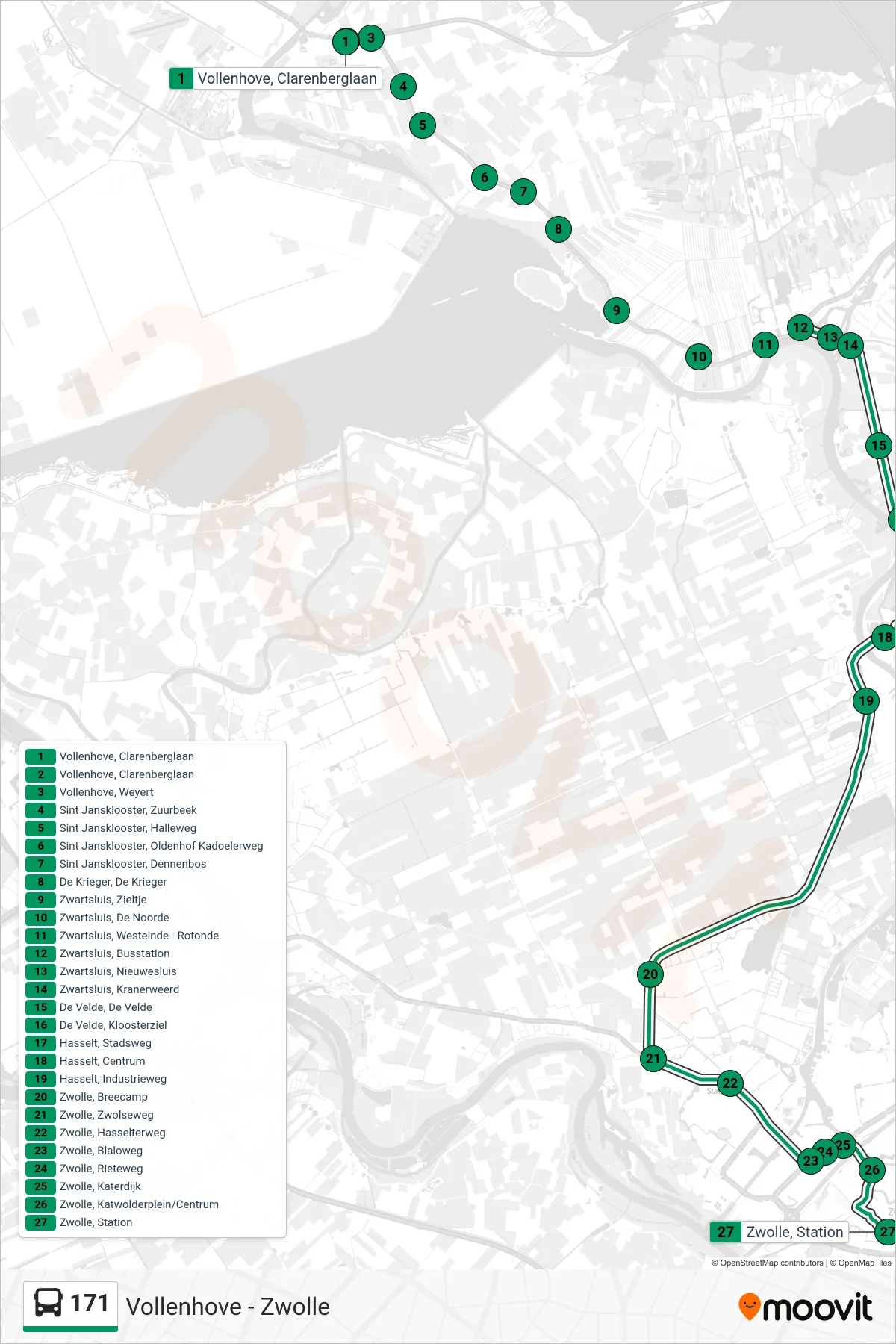 Lijn 171 (bus, Zwolle): route en haltes op de kaart