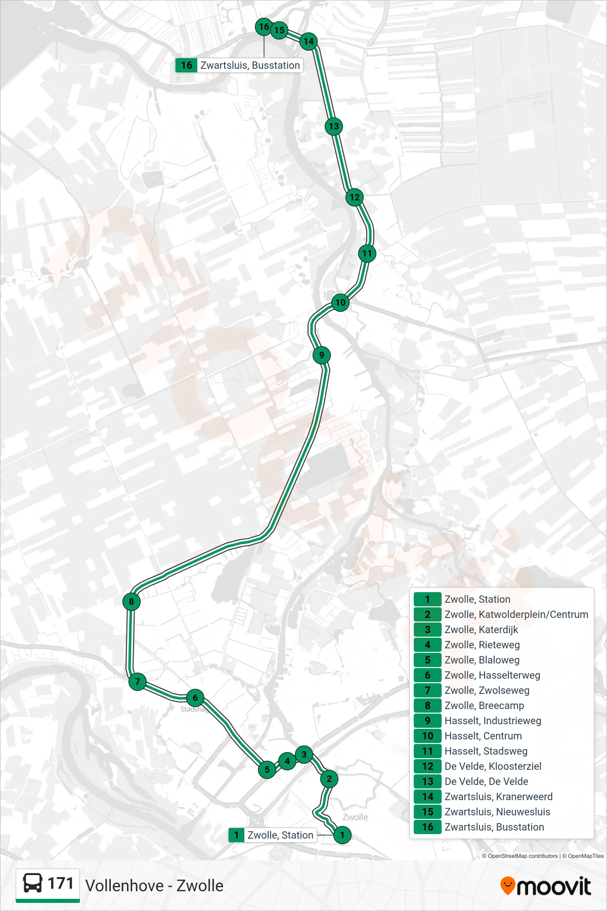 171 bus Line (Zwartsluis) route and stops on a map