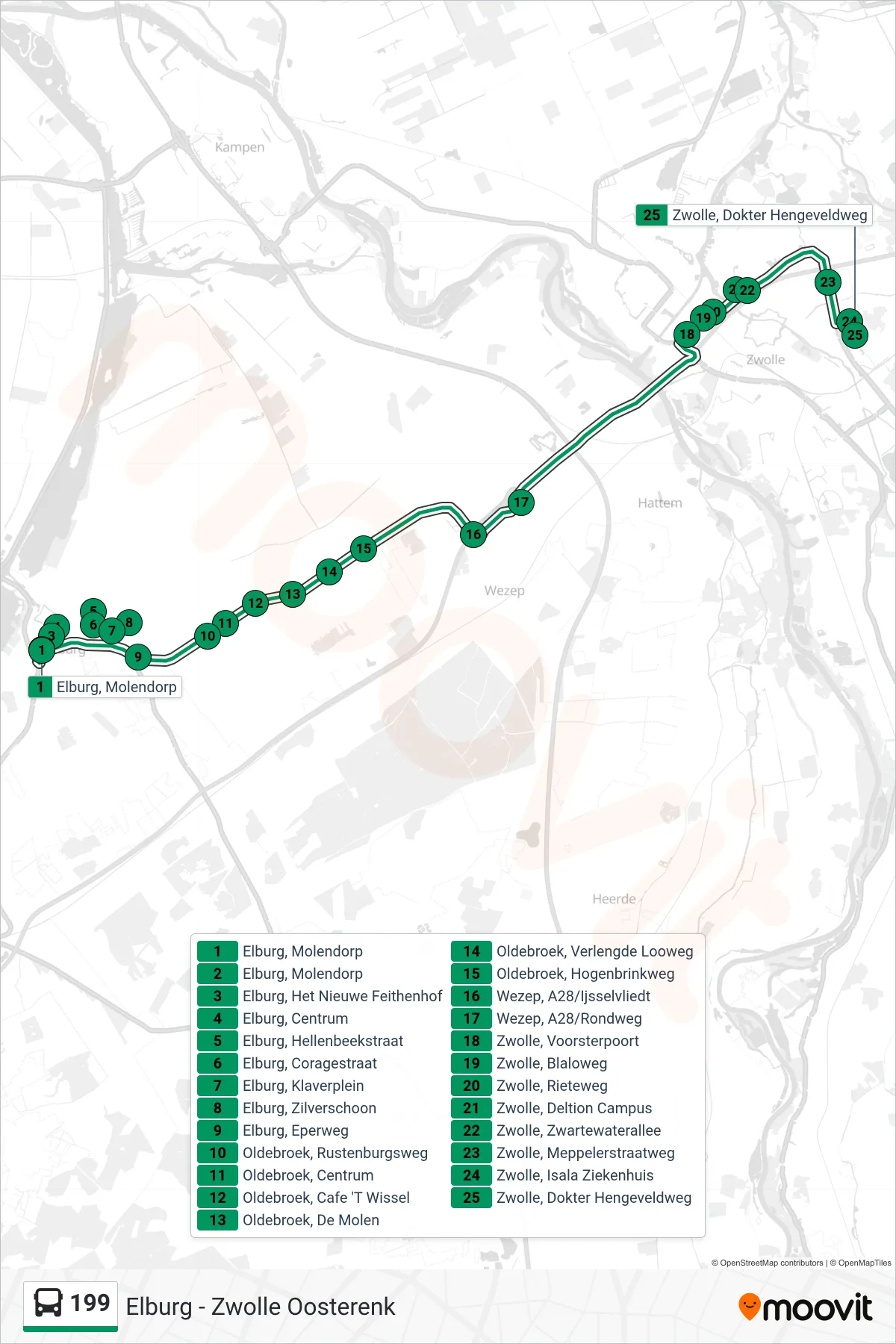 Lijn 199 (bus, Zwolle Oosterenk): route en haltes op de kaart