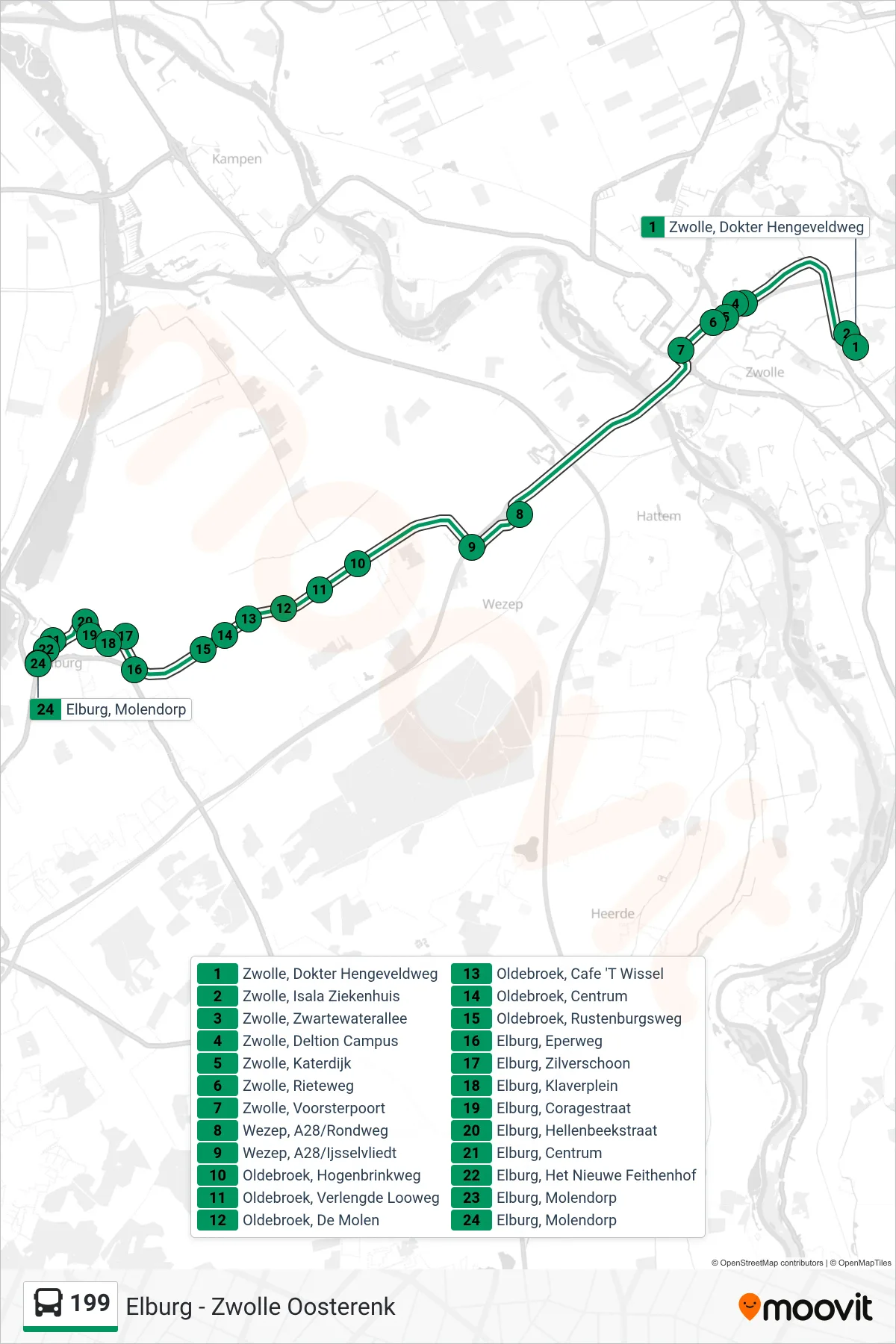 Lijn 199 (bus, Elburg): route en haltes op de kaart