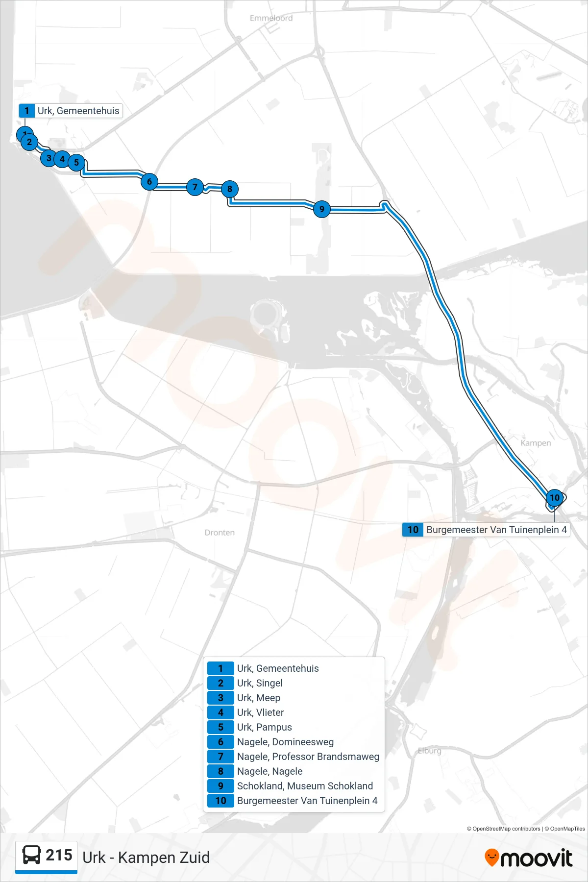 215 bus Line (Kampen Zuid) route and stops on a map