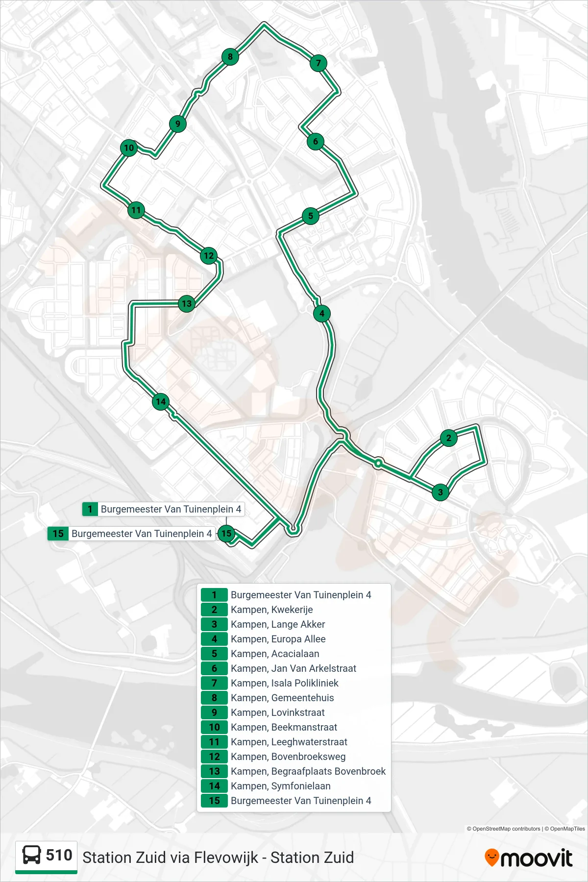 Lijn 510 (bus, Flevowijk): route en haltes op de kaart