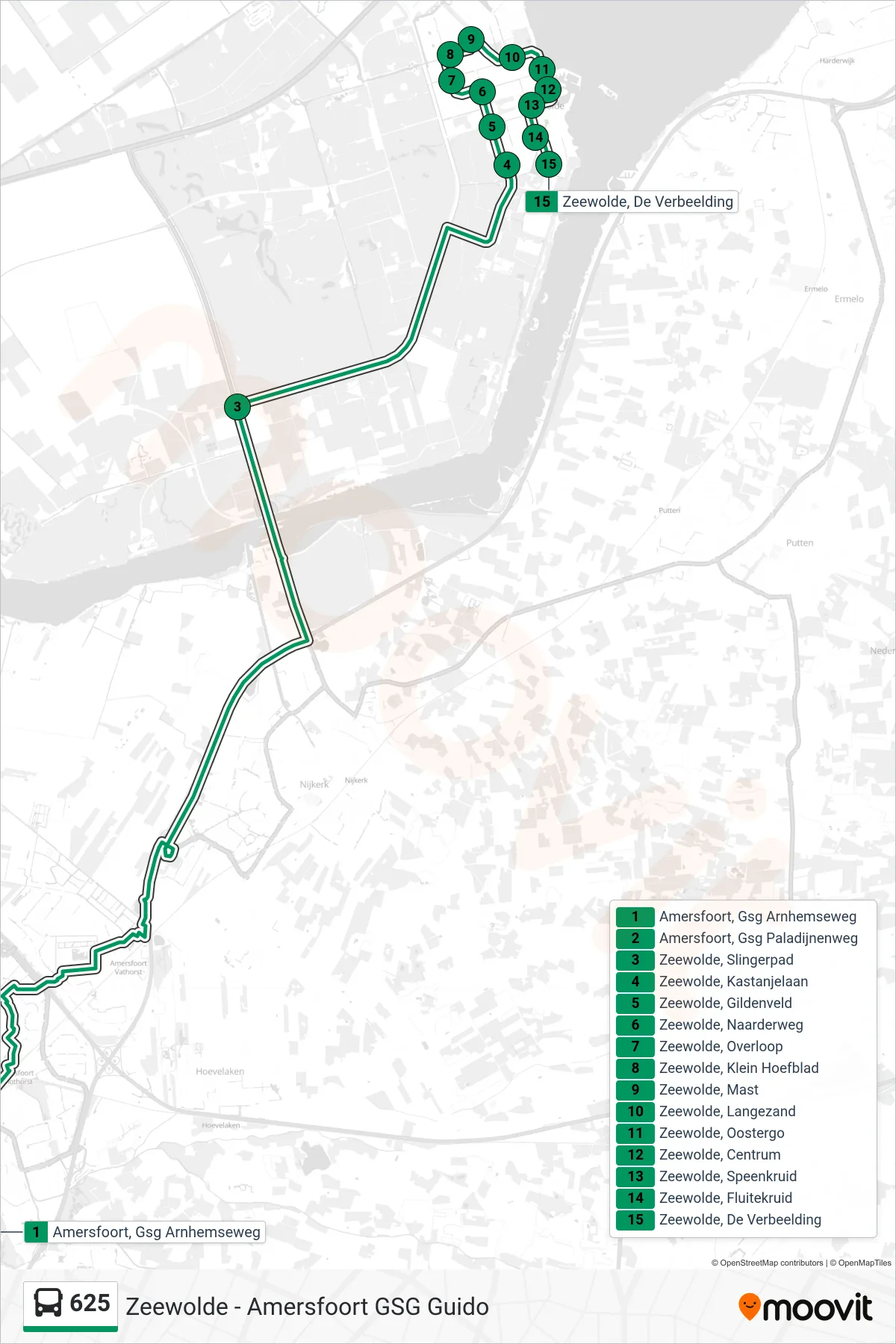 625 bus Line (Zeewolde) route and stops on a map