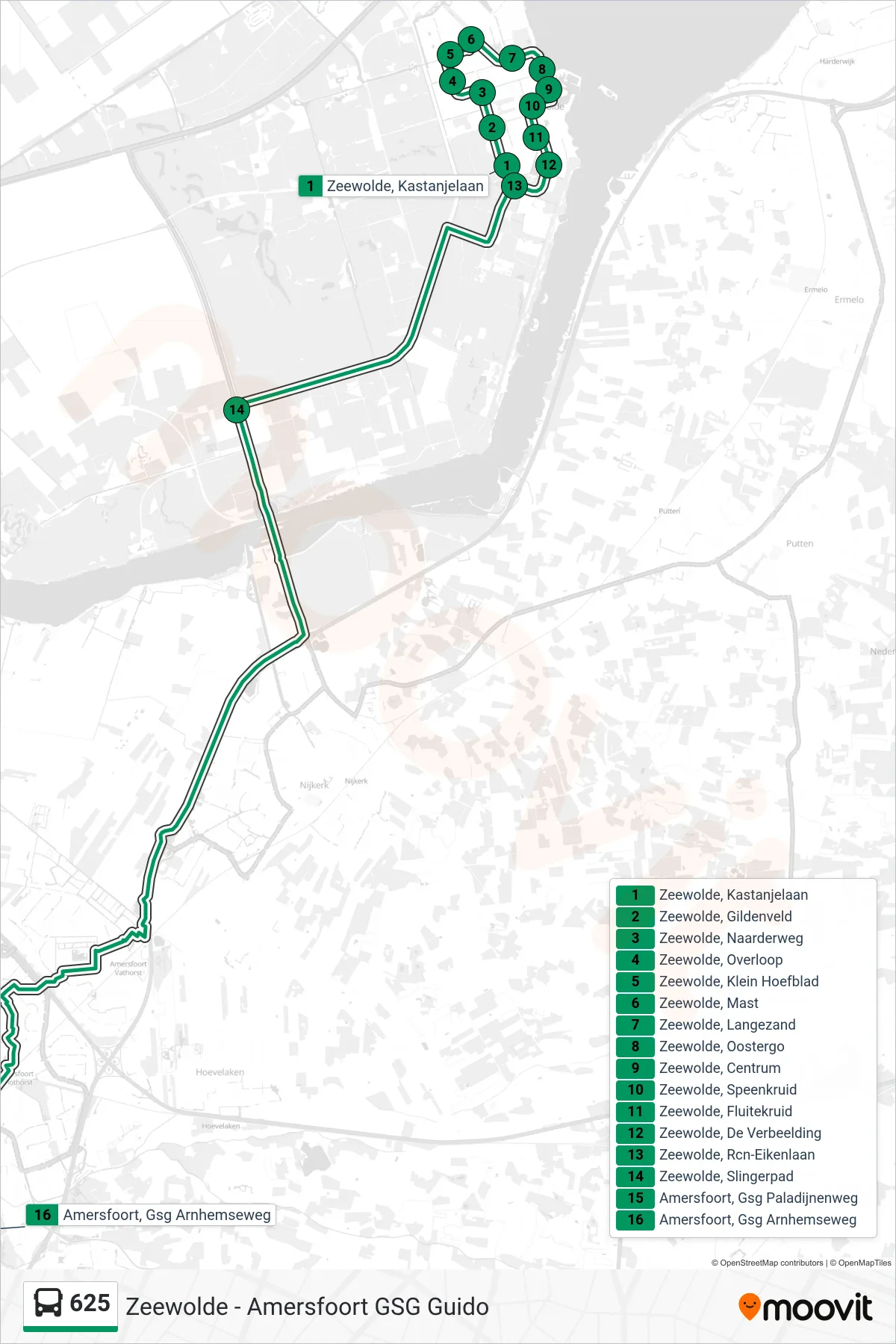 Lijn 625 (bus, Amersfoort Gsg Guido): route en haltes op de kaart