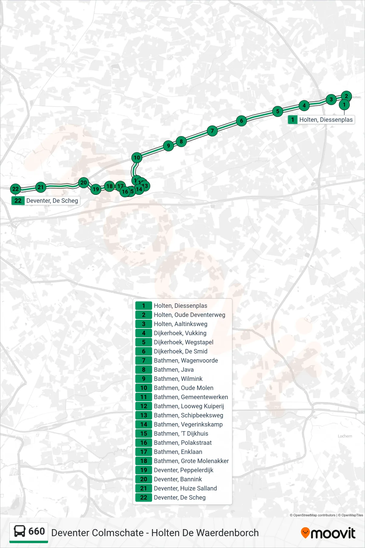 Lijn 660 (bus, Deventer Colmschate): route en haltes op de kaart