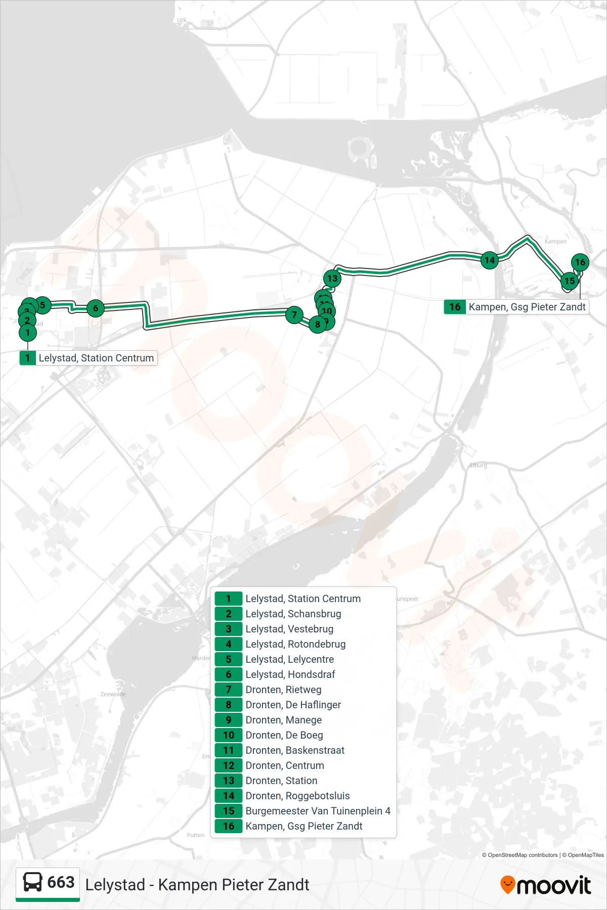 Lijn 663 (bus, Kampen Pieter Zandt): route en haltes op de kaart