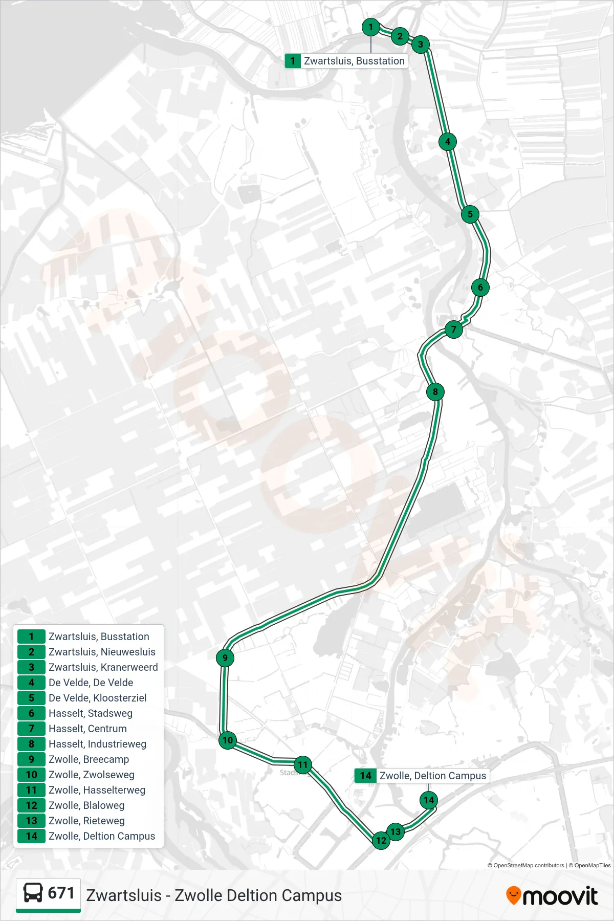 Lijn 671 (bus, Zwolle Deltion): route en haltes op de kaart