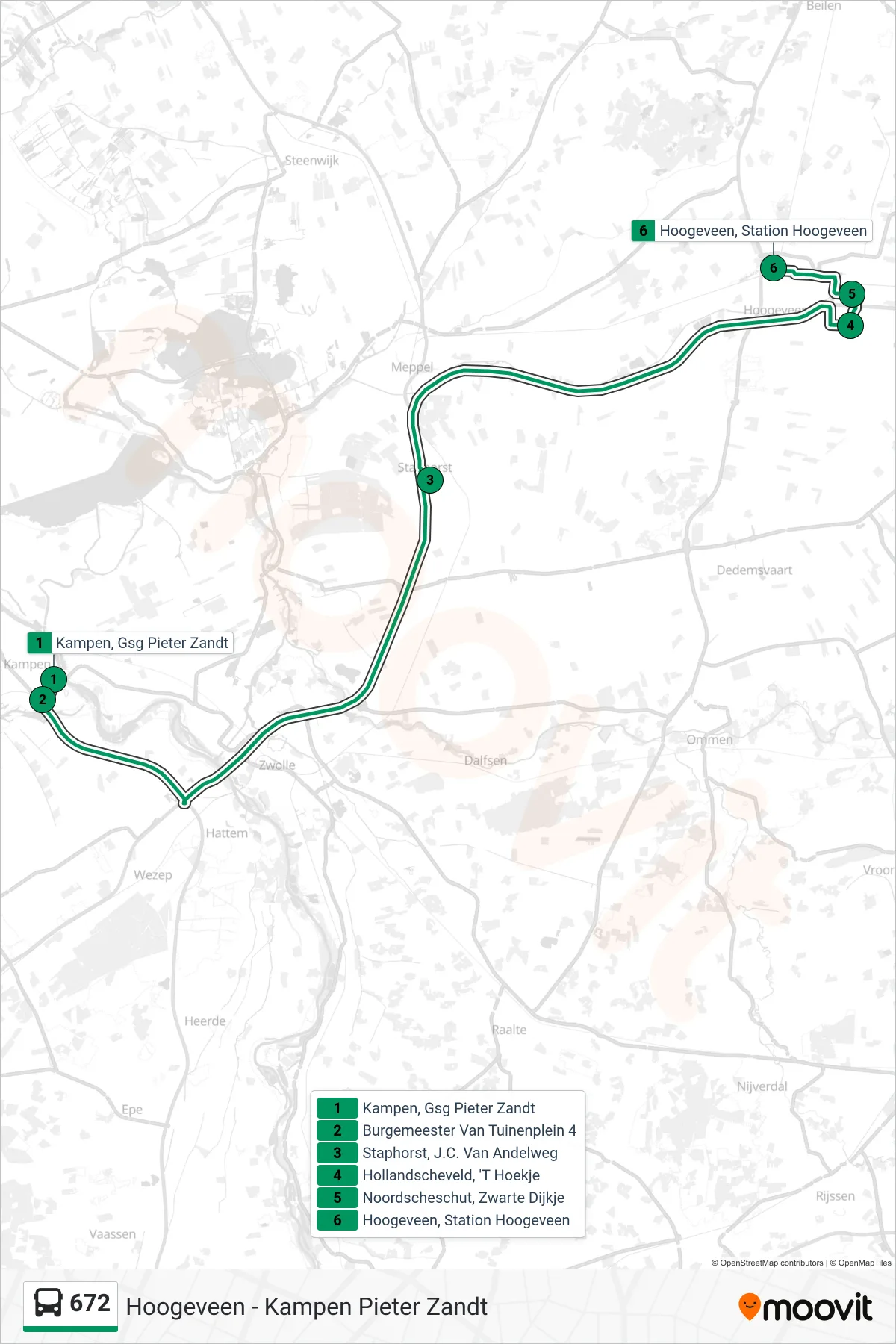 Lijn 672 (bus, Hoogeveen): route en haltes op de kaart
