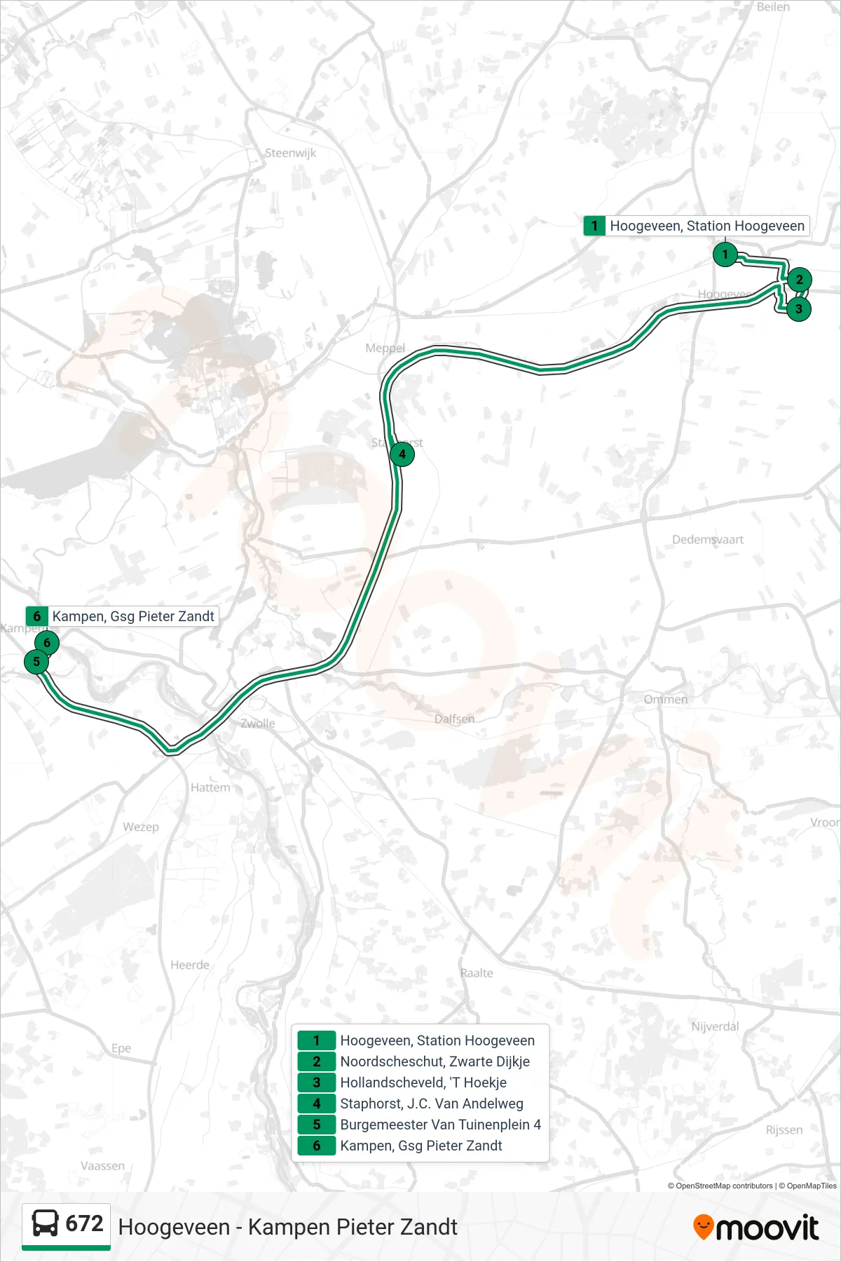 672 bus Line (Kampen Pieter Zandt) route and stops on a map