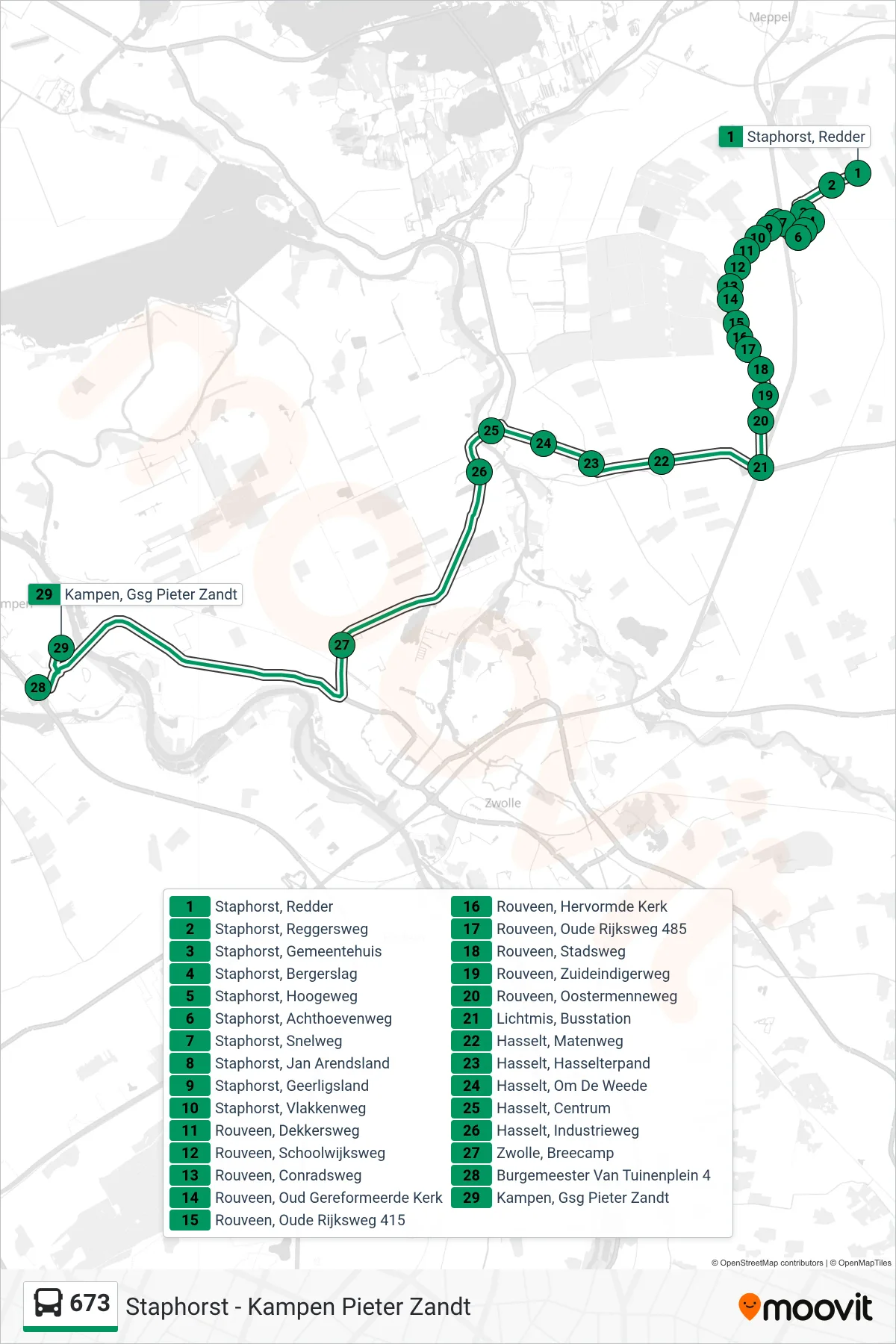 Lijn 673 (bus, Kampen Pieter Zandt): route en haltes op de kaart