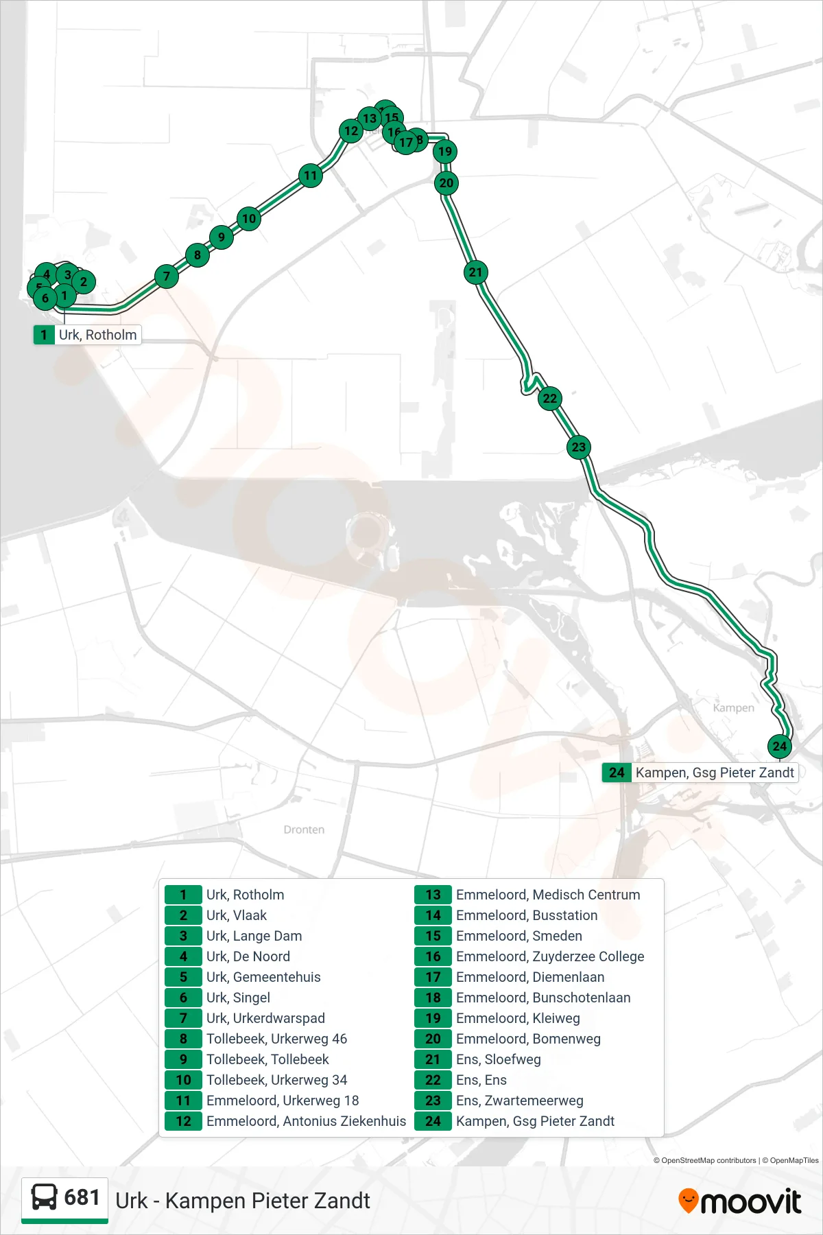 Lijn 681 (bus, Kampen Pieter Zandt): route en haltes op de kaart