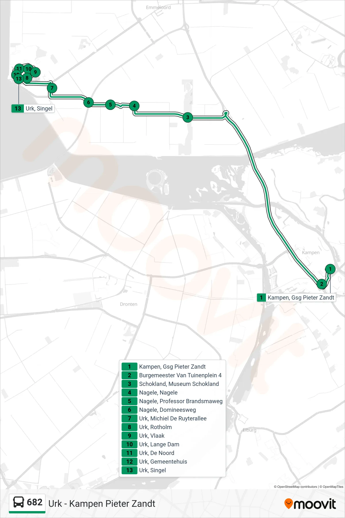 682 bus Line (Urk) route and stops on a map